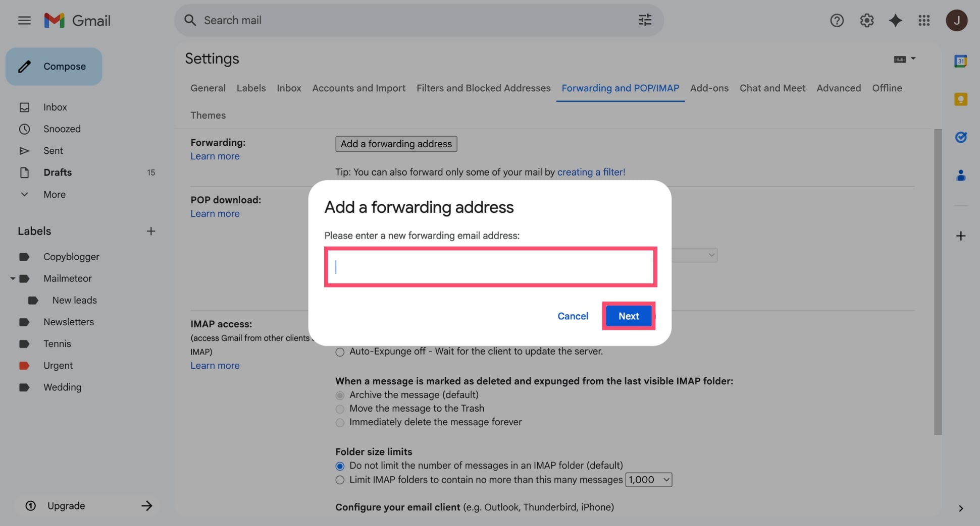 Enter a new forwarding email address in Gmail