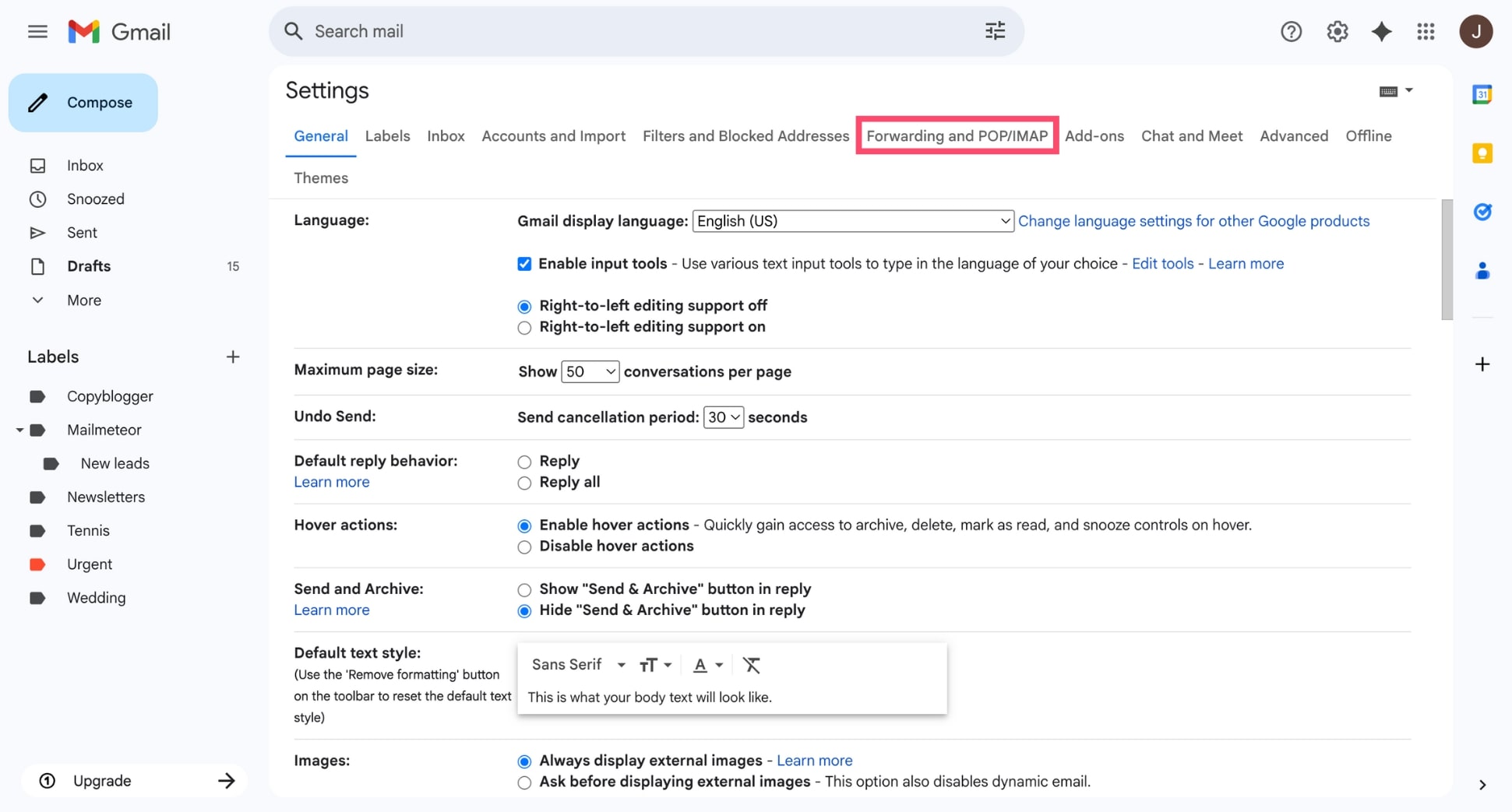 Forwarding and POP/IMAP tab