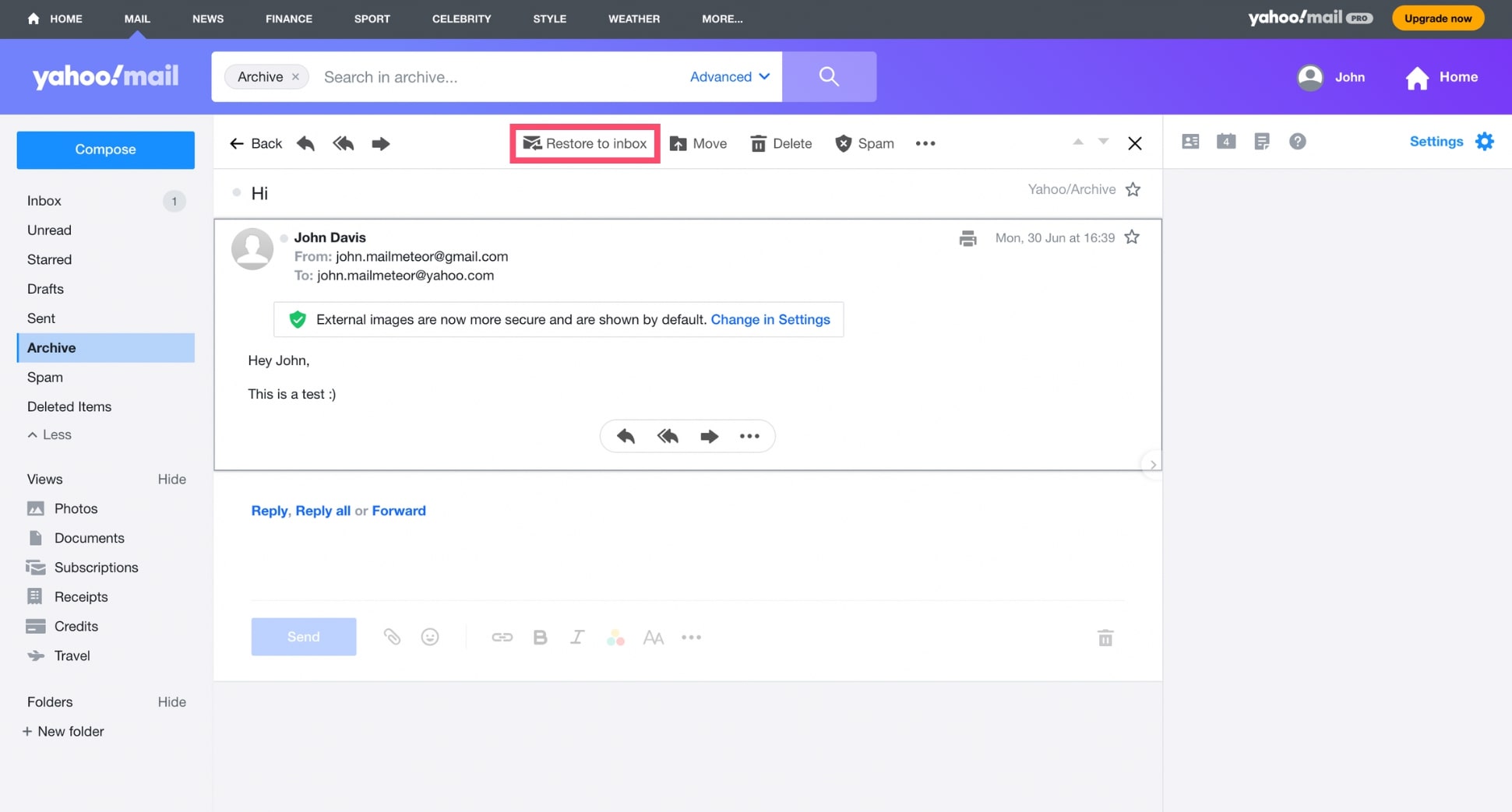 Unarchive an email in Yahoo Mail