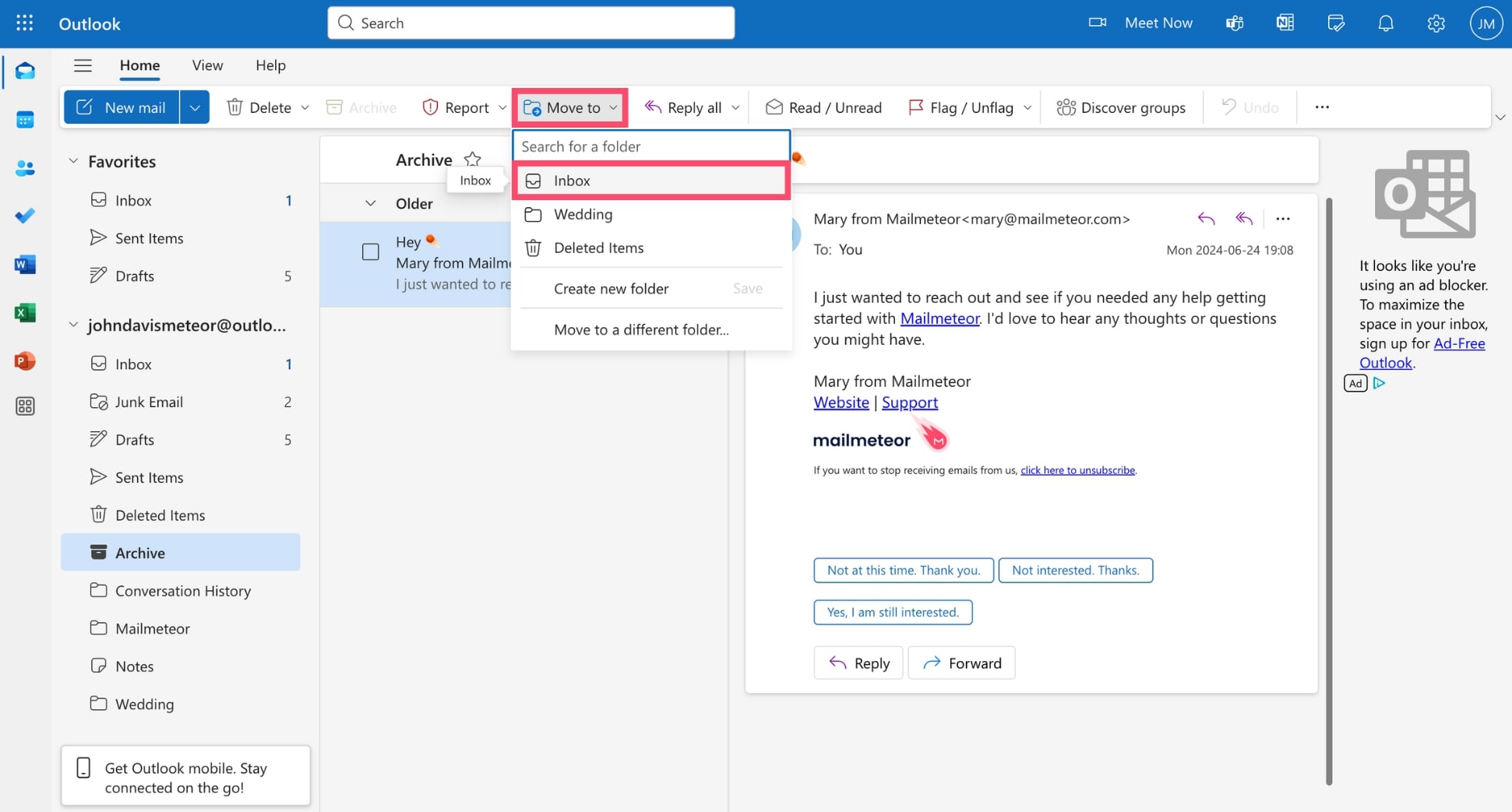 Unarchive an email in Outlook