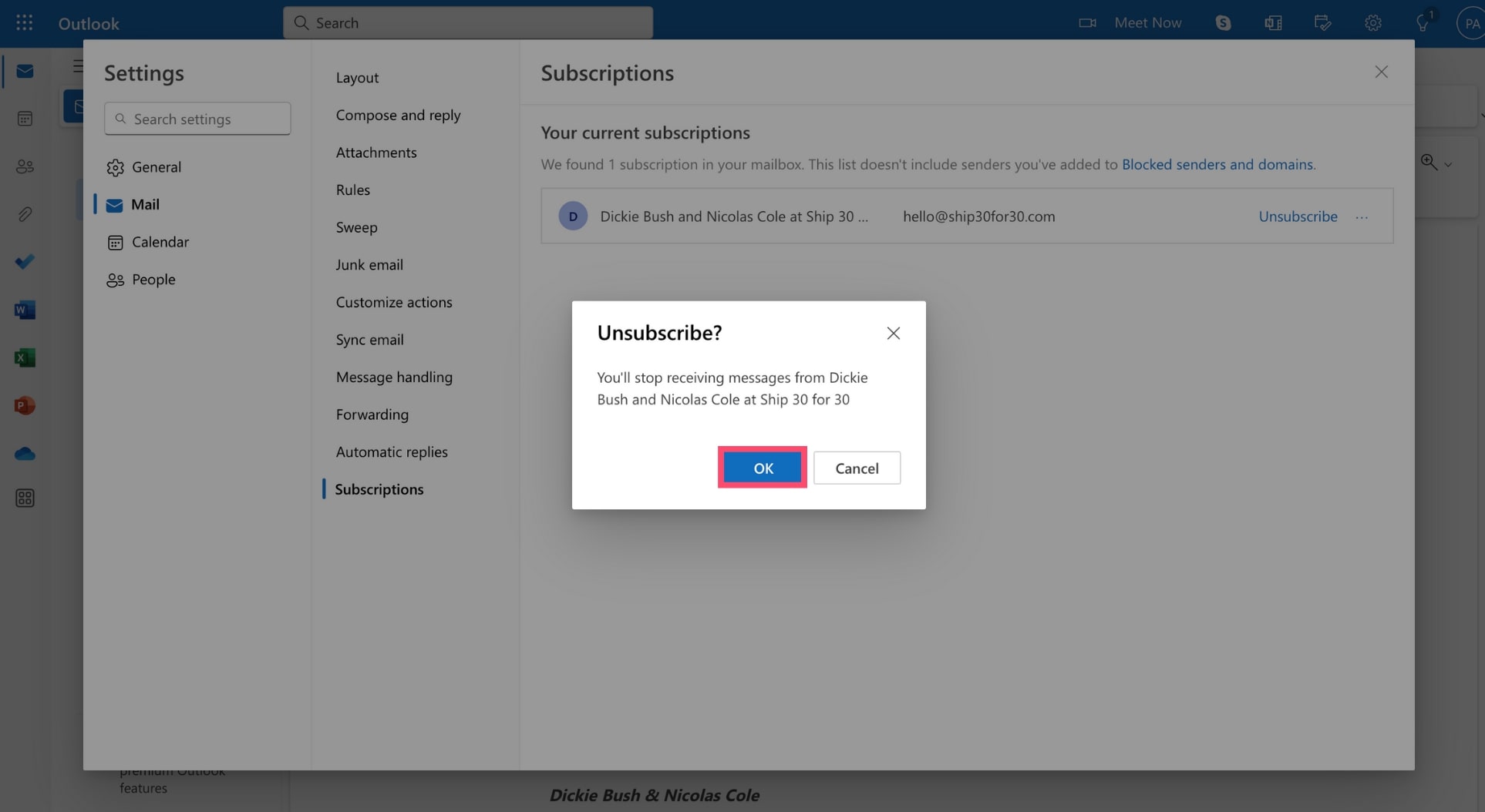 Outlook unsubscribe button