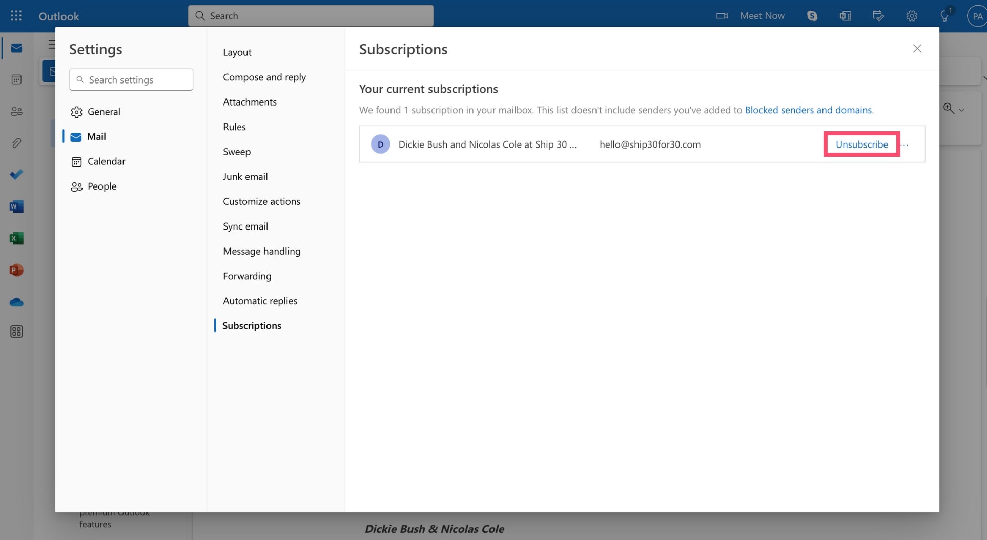 Outlook unsubscribe link