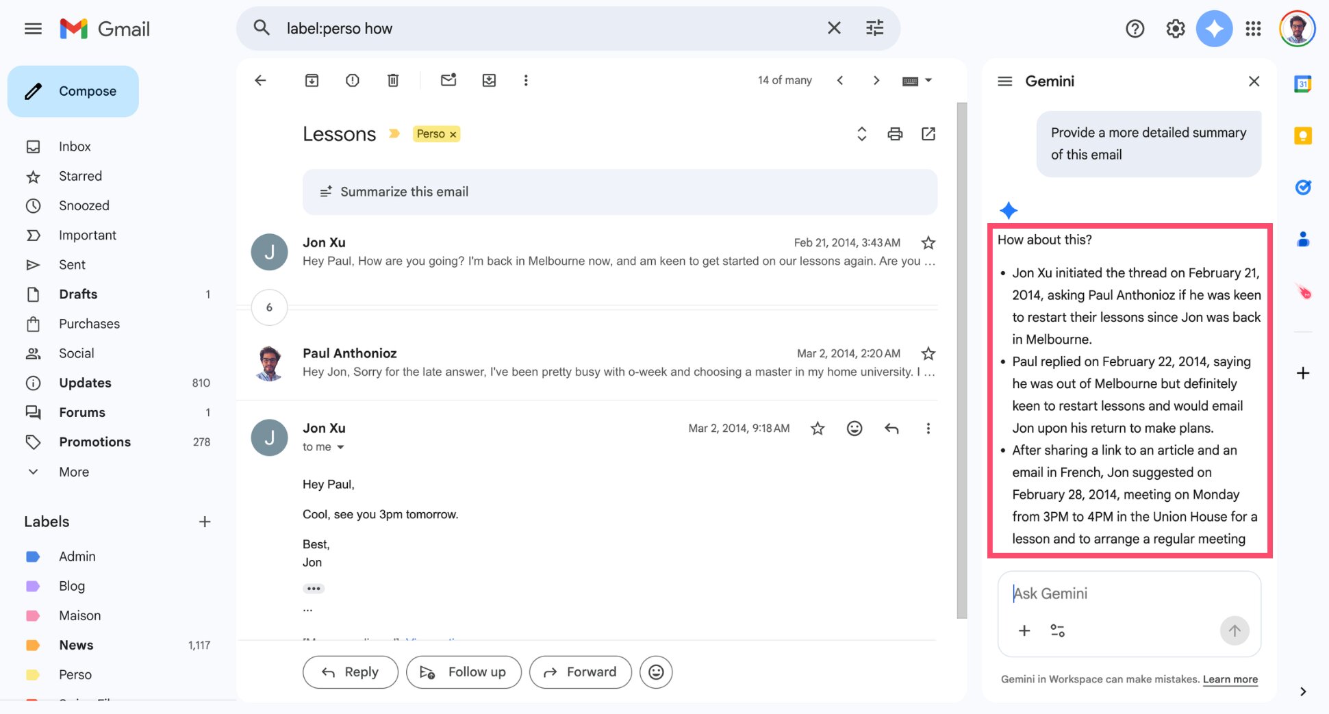 AI-generated summary of a Gmail email conversation