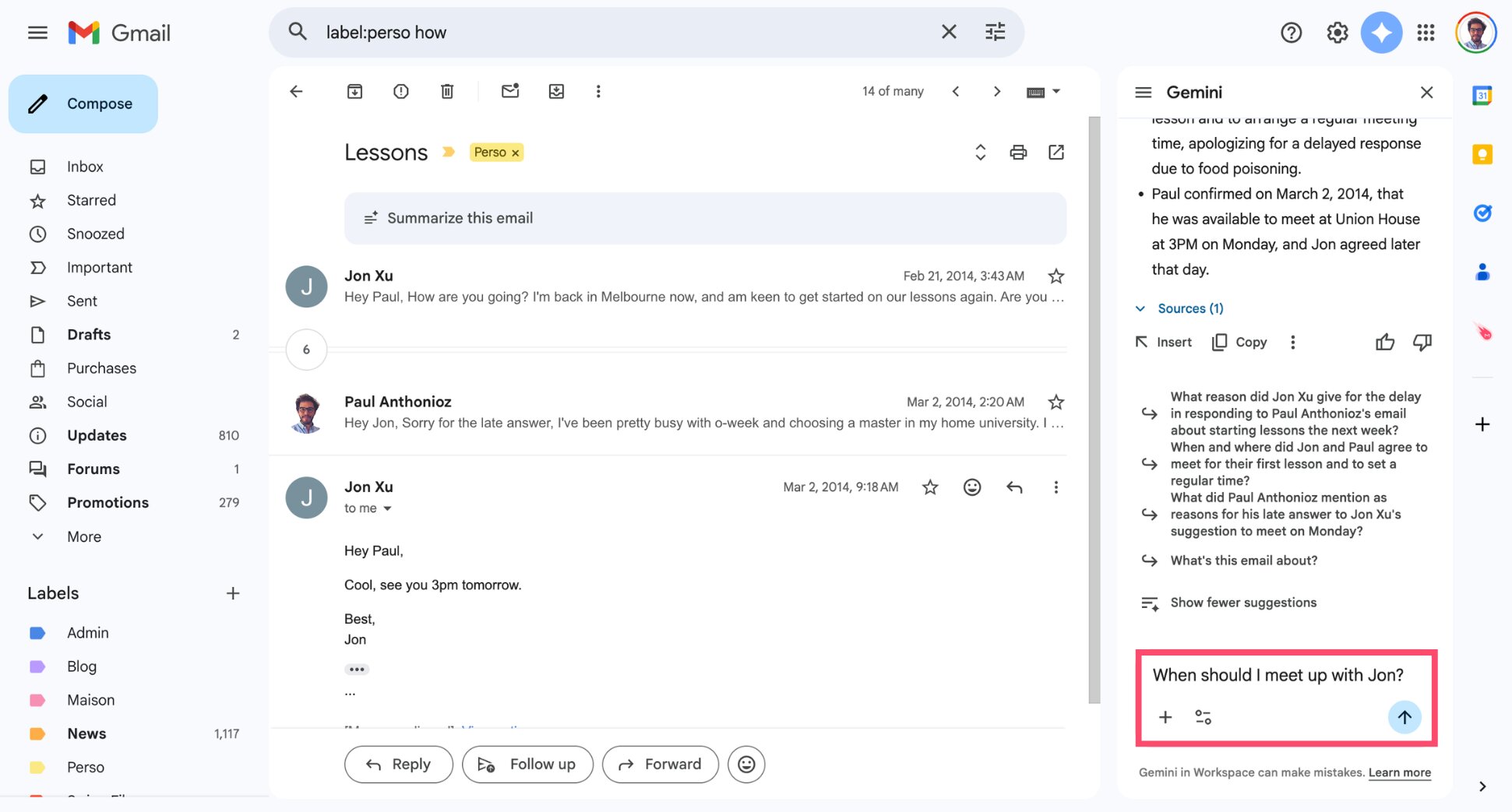 Gemini prompt asking a question about emails in Gmail