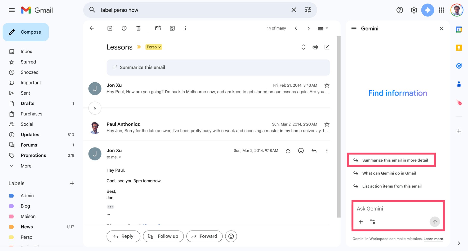 Gemini panel in Gmail showing the summarize email option