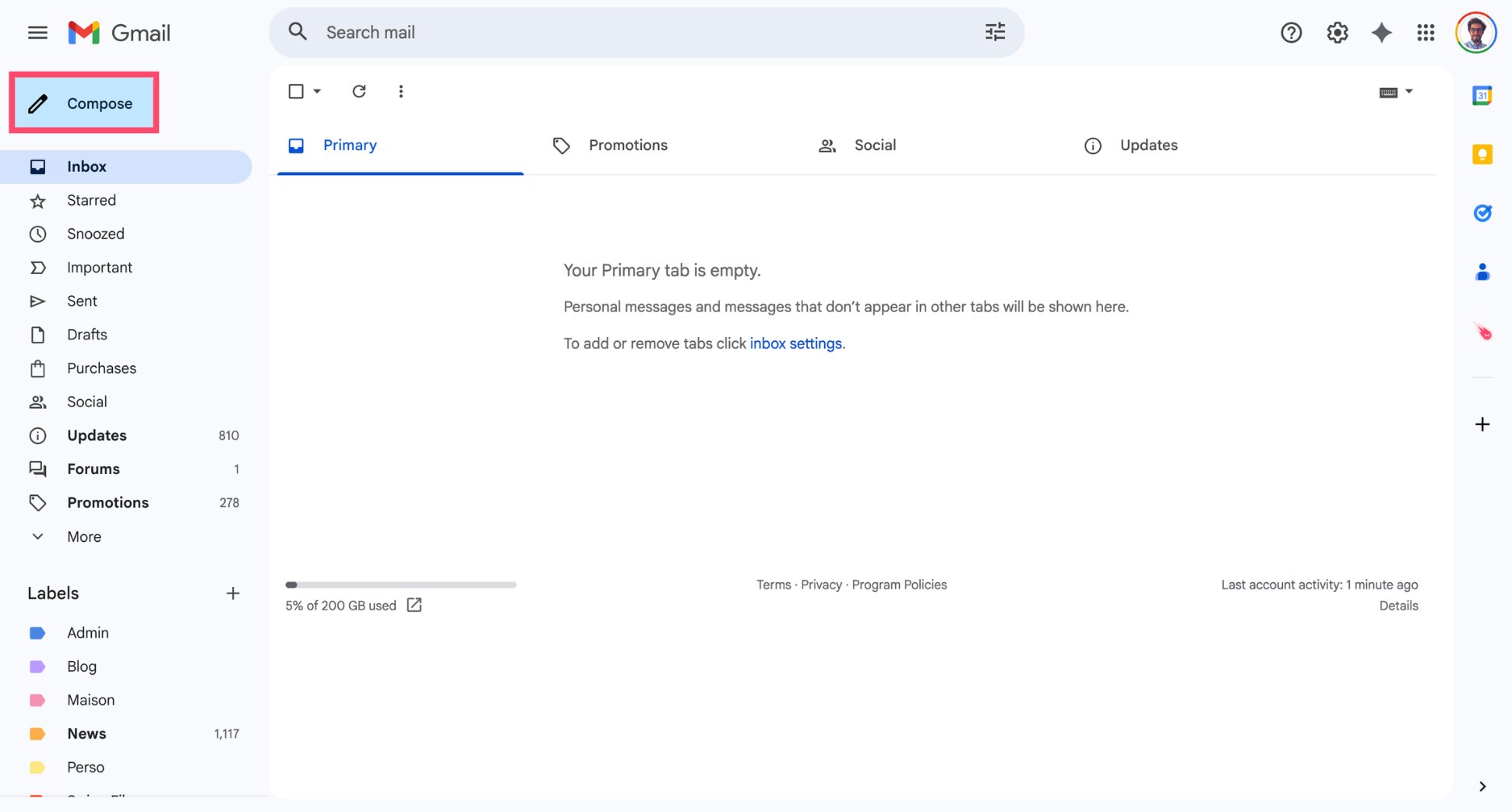 Gmail compose button used to start writing a new email