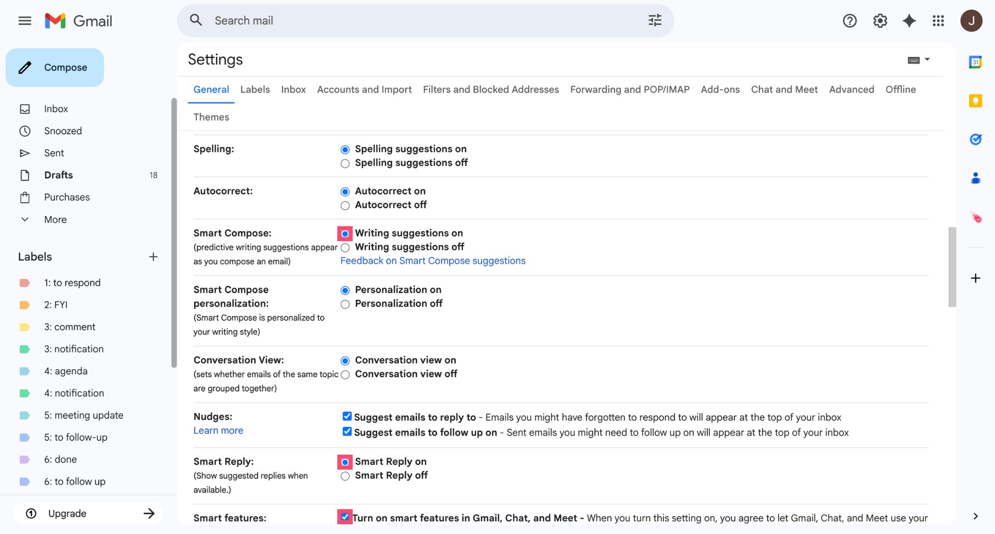 Gmail settings showing Smart Compose and Smart Reply options