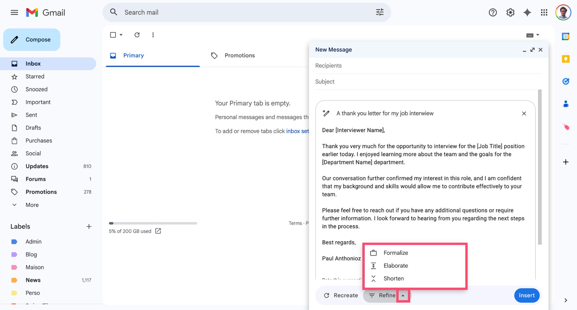 Help Me Write options to refine tone or shorten an email draft in Gmail