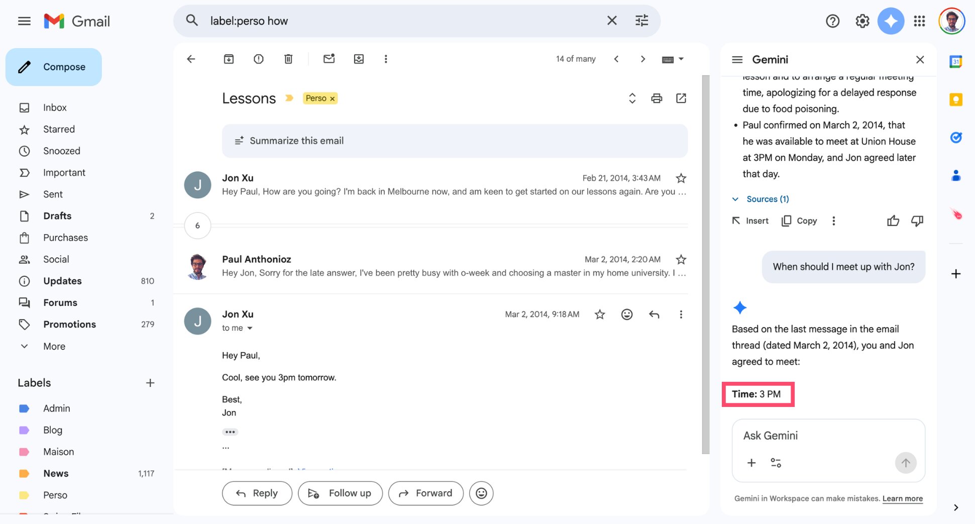 Gemini AI answer generated from Gmail inbox data