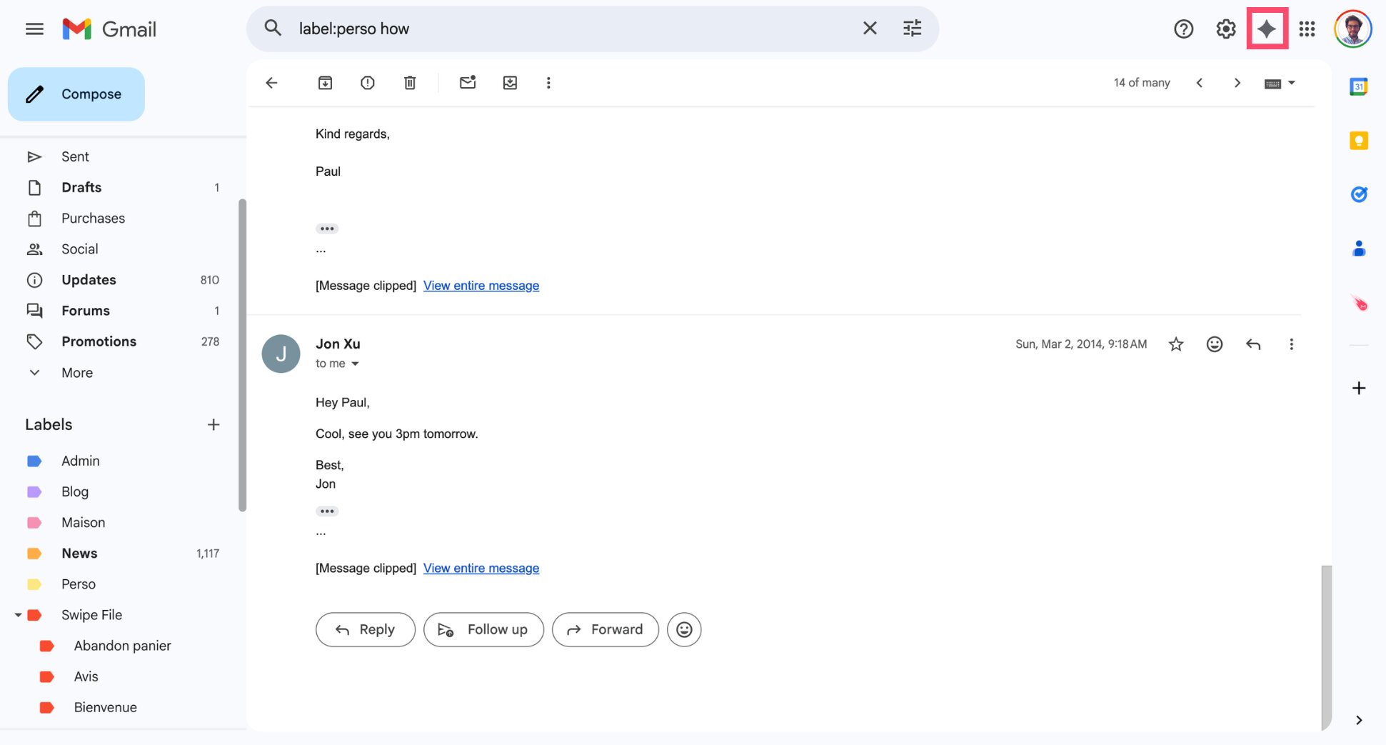 Gemini button in the Gmail interface used to open the AI panel