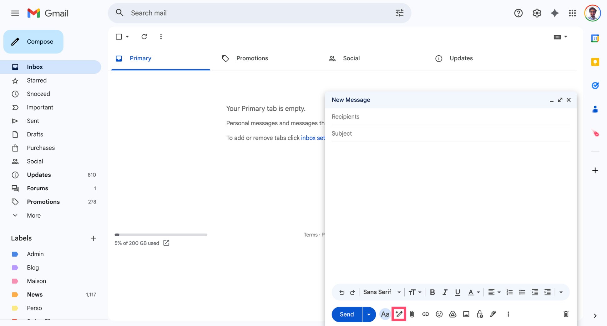 Help Me Write AI button in the Gmail compose window