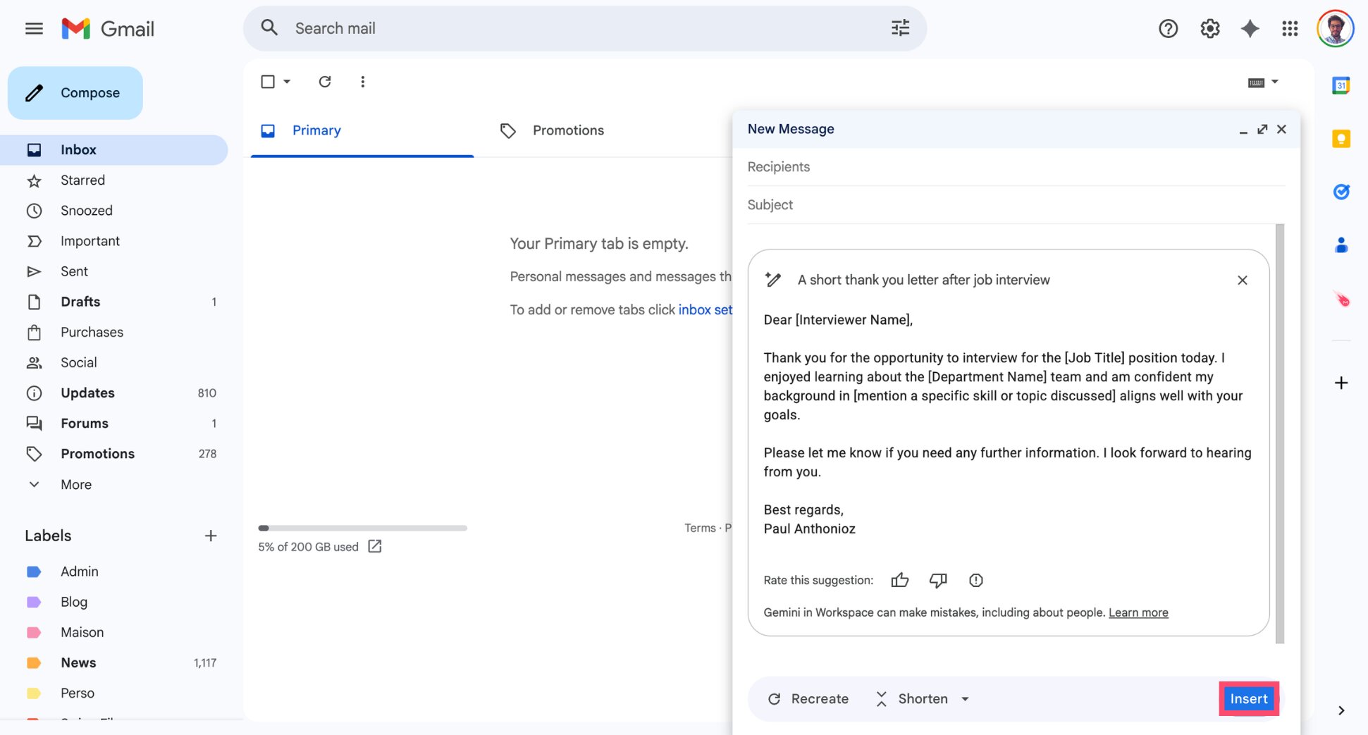 Inserting the AI-generated email draft into a Gmail message