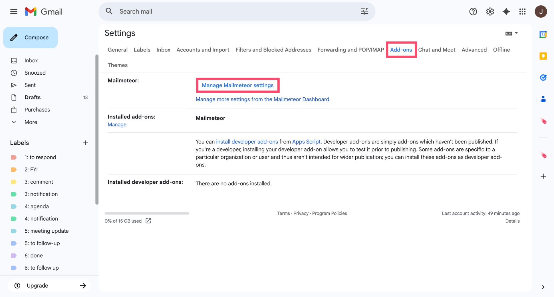 Gmail settings showing the Add-ons tab