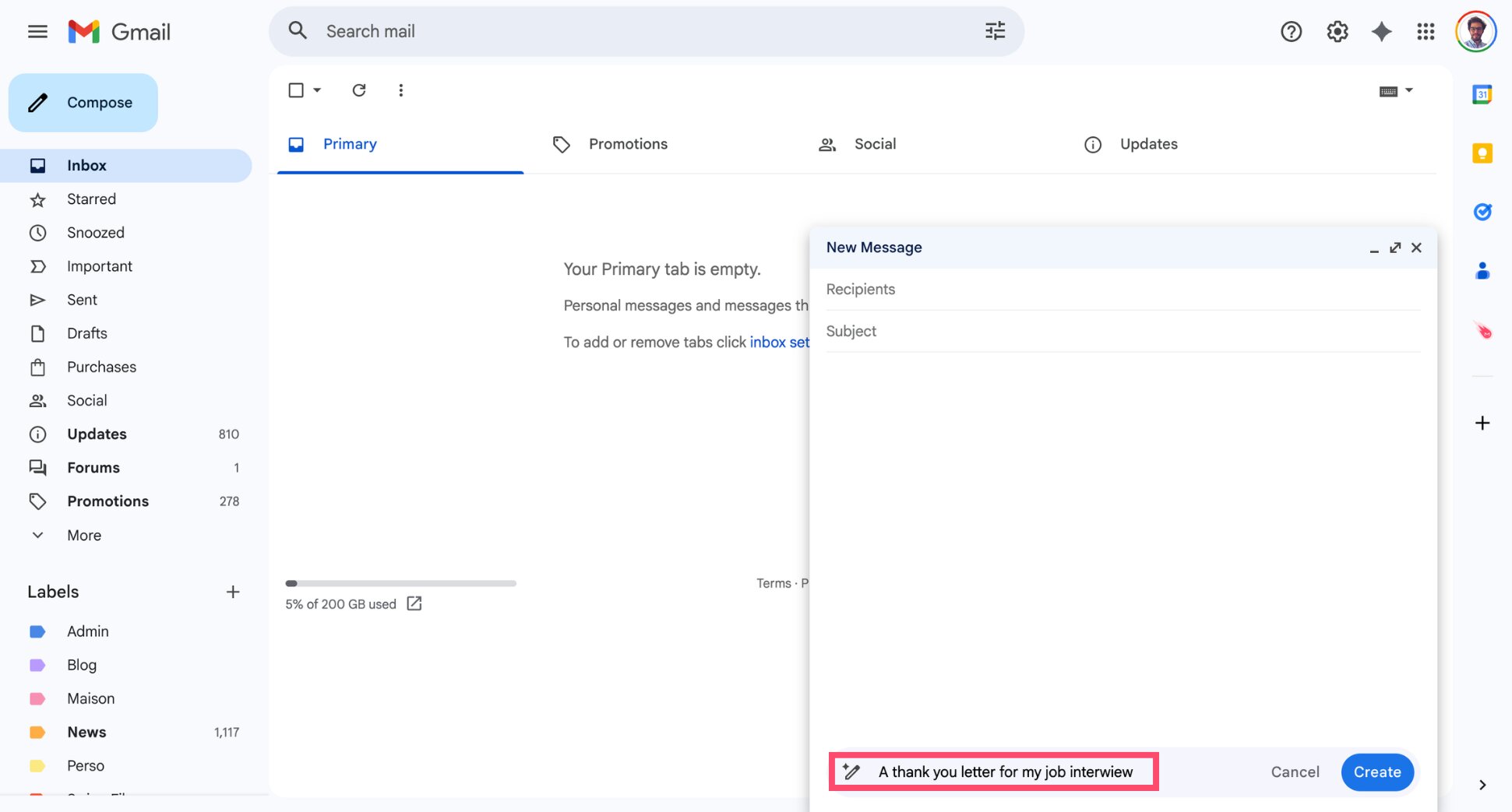 Entering a prompt in Gmail Help Me Write AI tool
