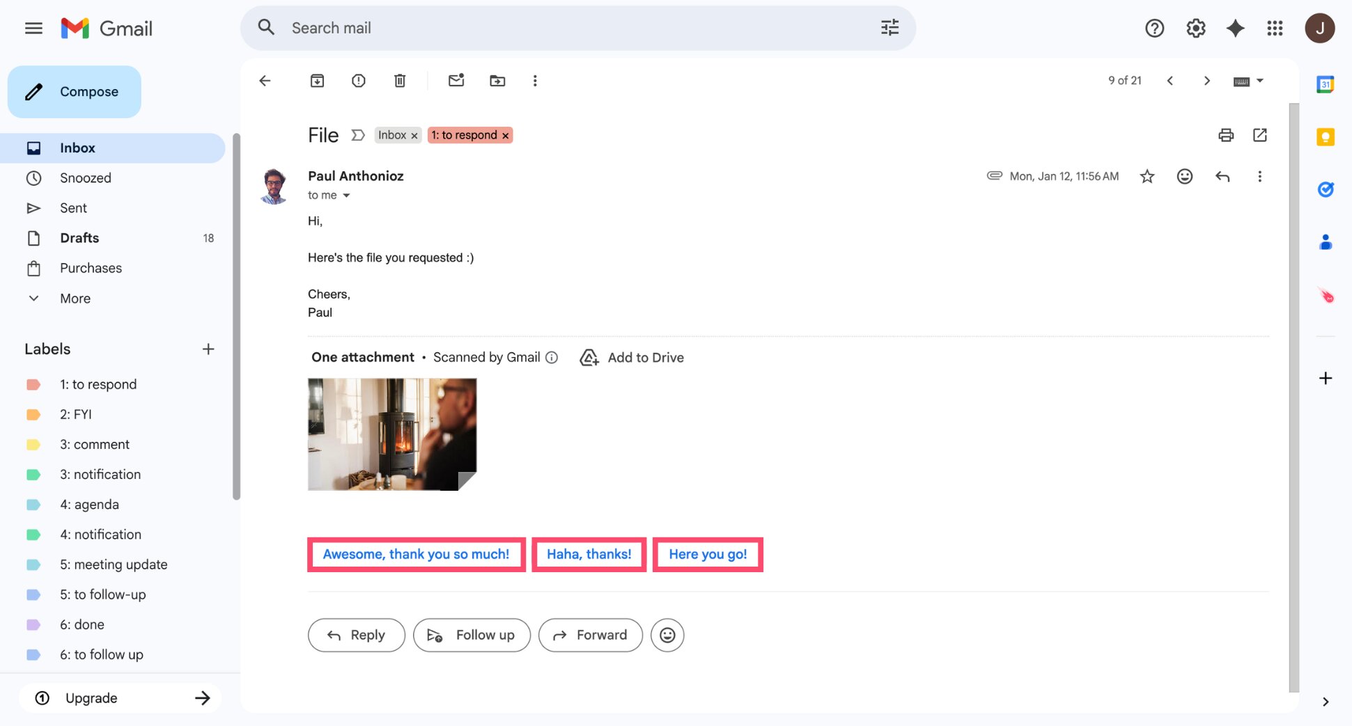Gmail Smart Reply suggestions under an email