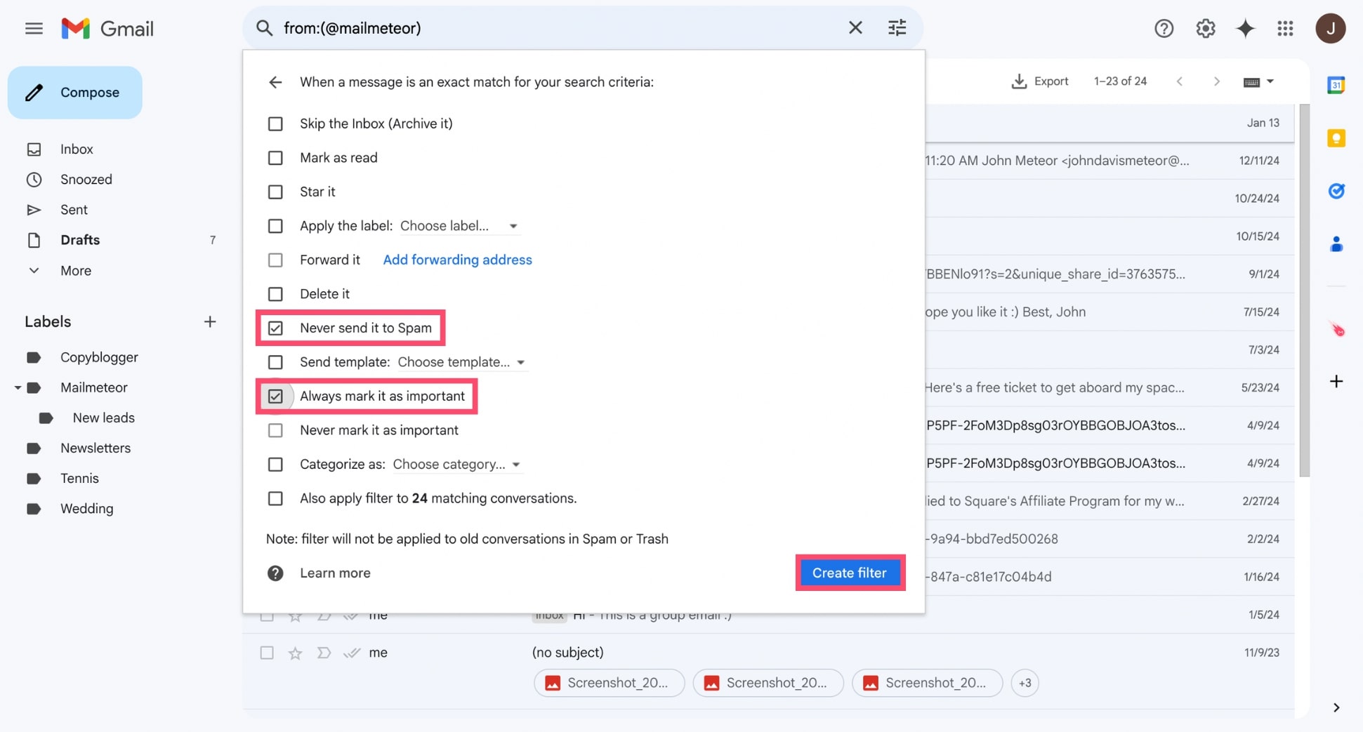 Whitelist an email in Gmail