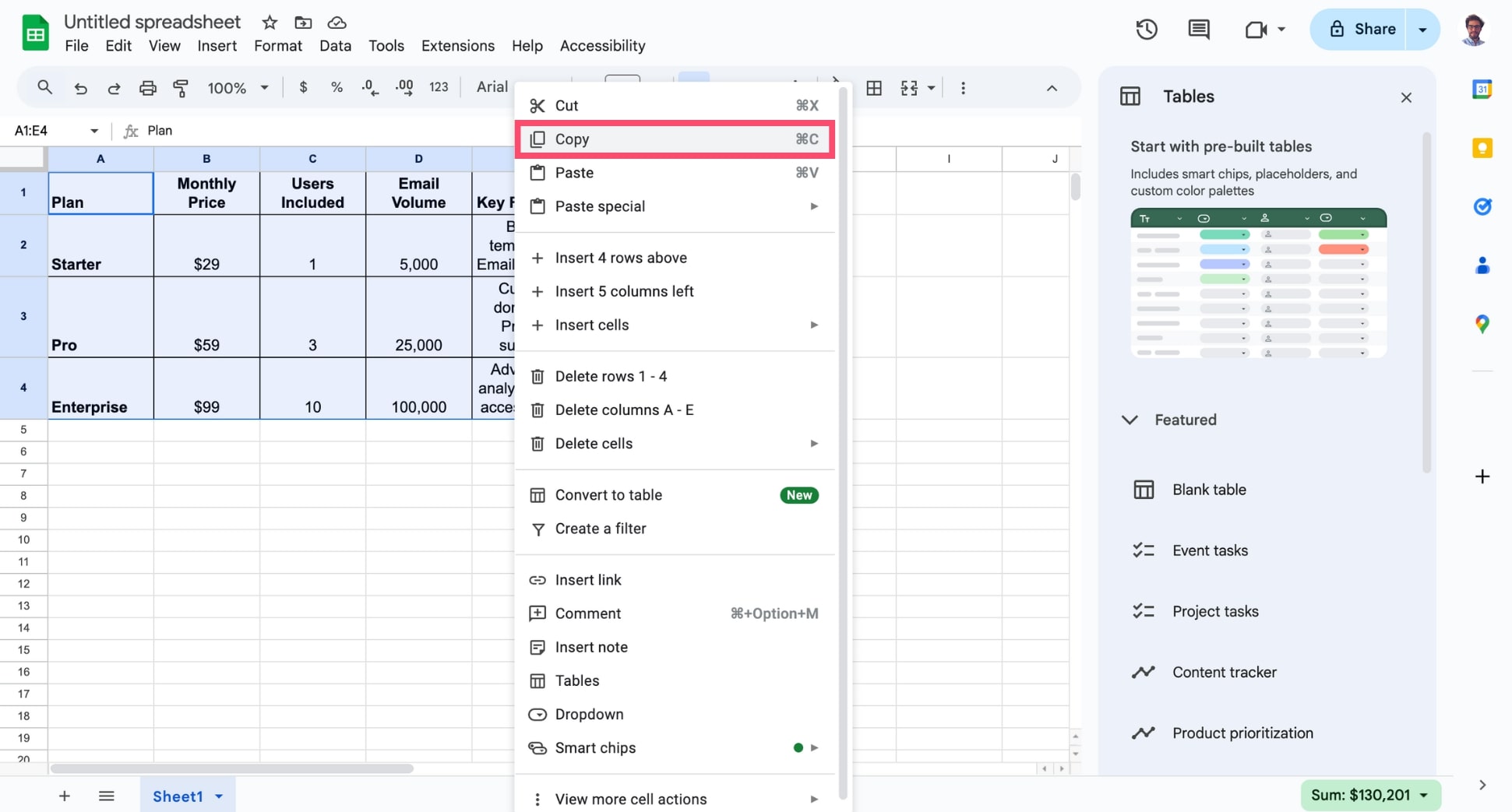 Copy a table in Google Sheets