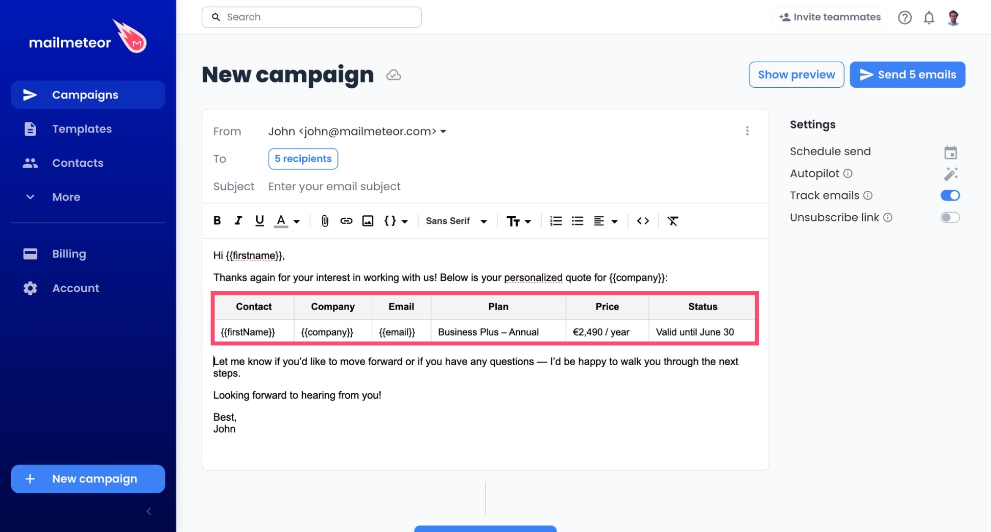 Edit table in Mailmeteor