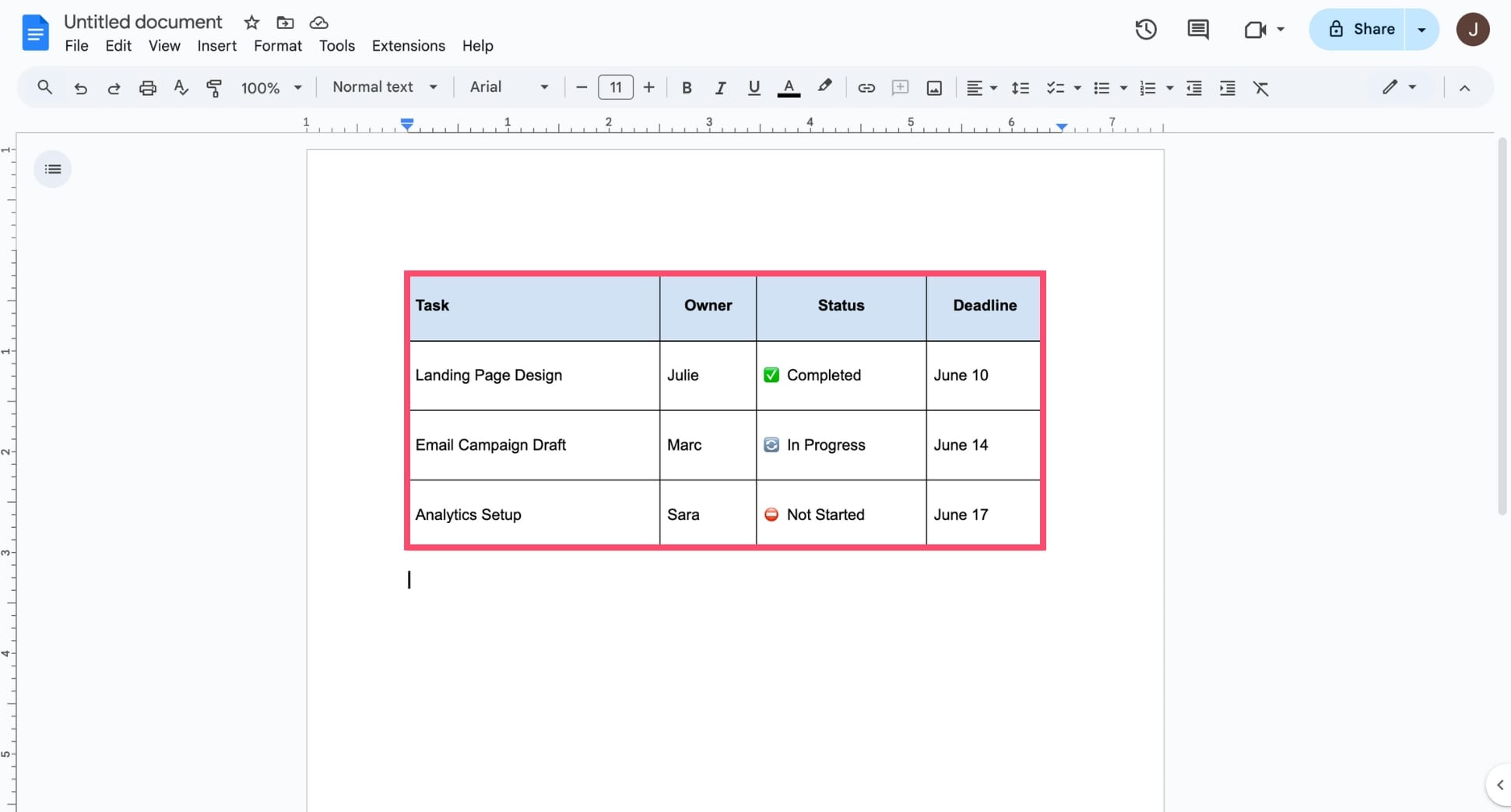 Add formatting to a table in Google Docs