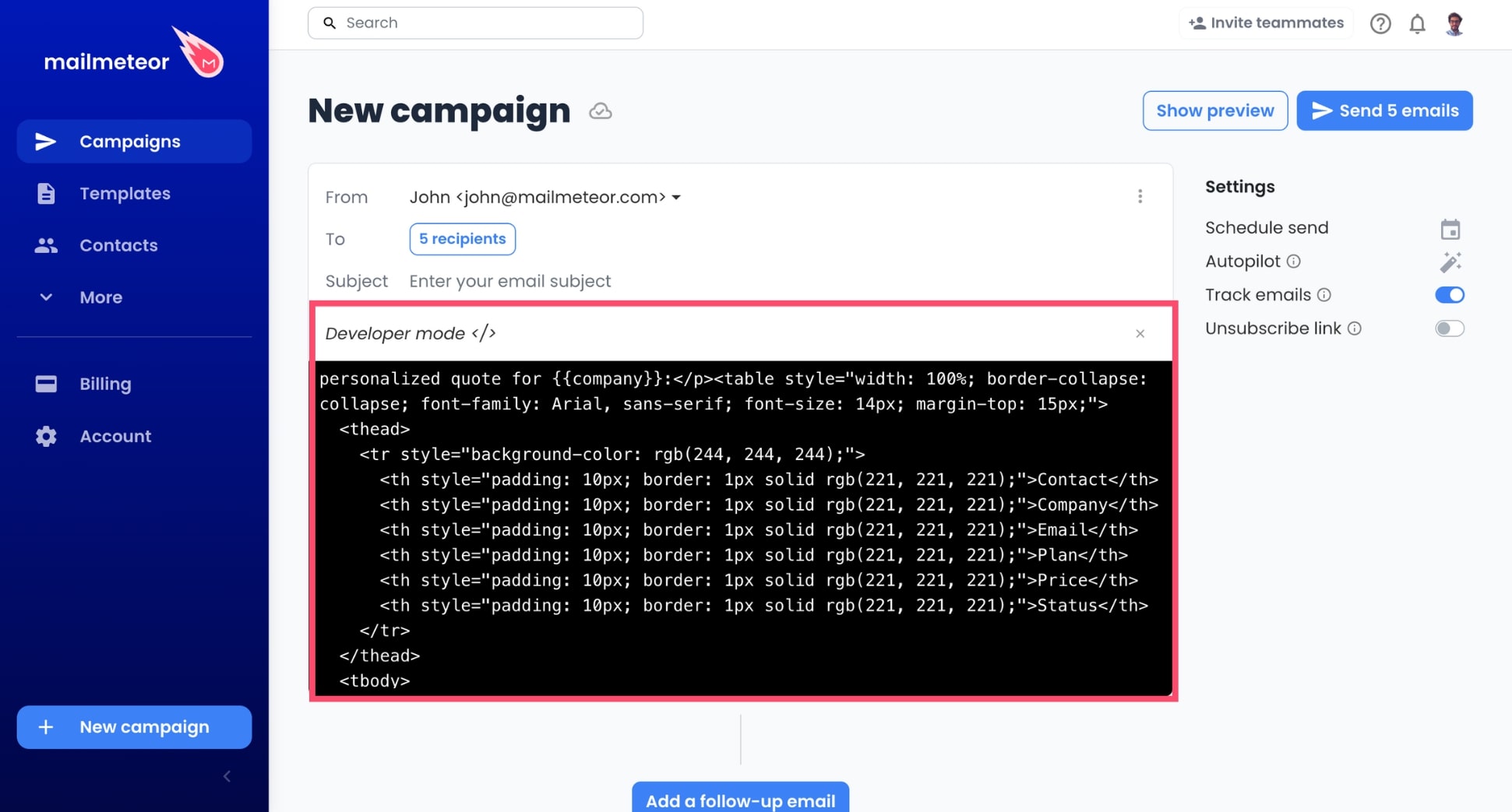 Insert HTML table in Mailmeteor