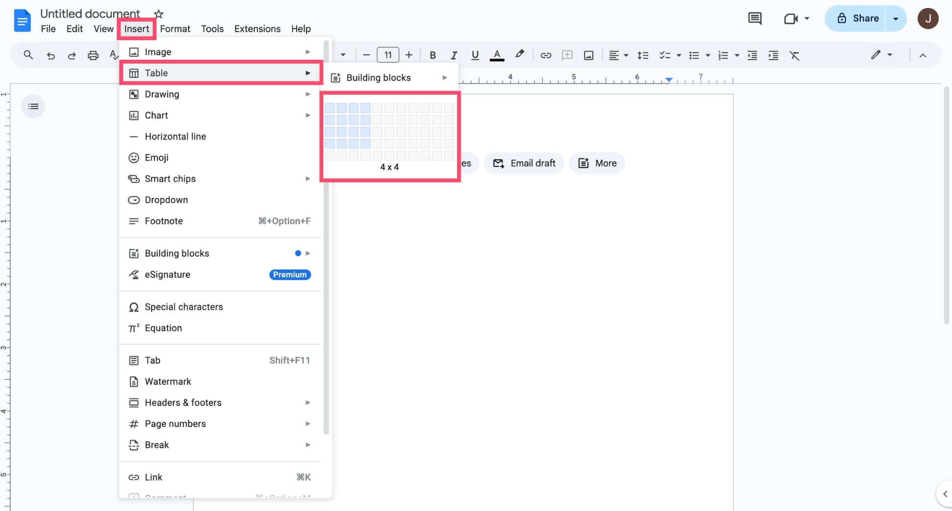 Insert a table in Google Docs