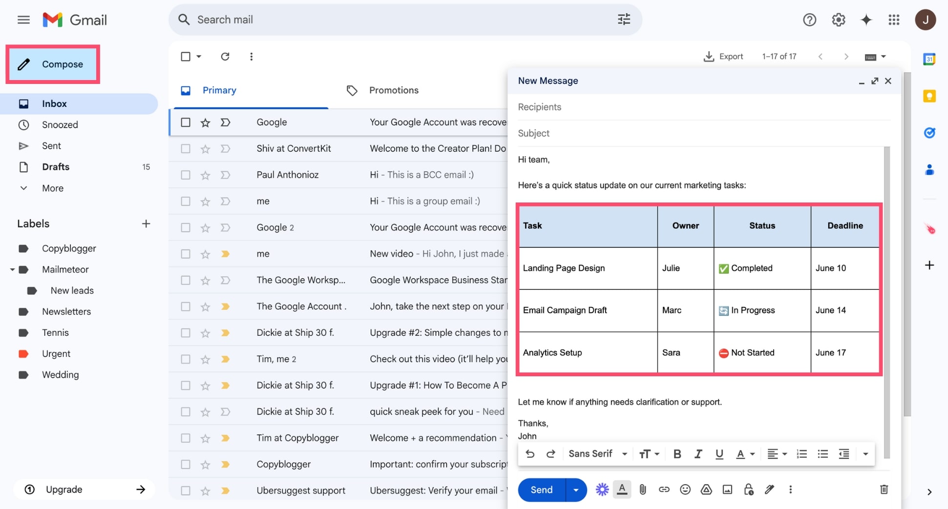 Paste a table in Gmail