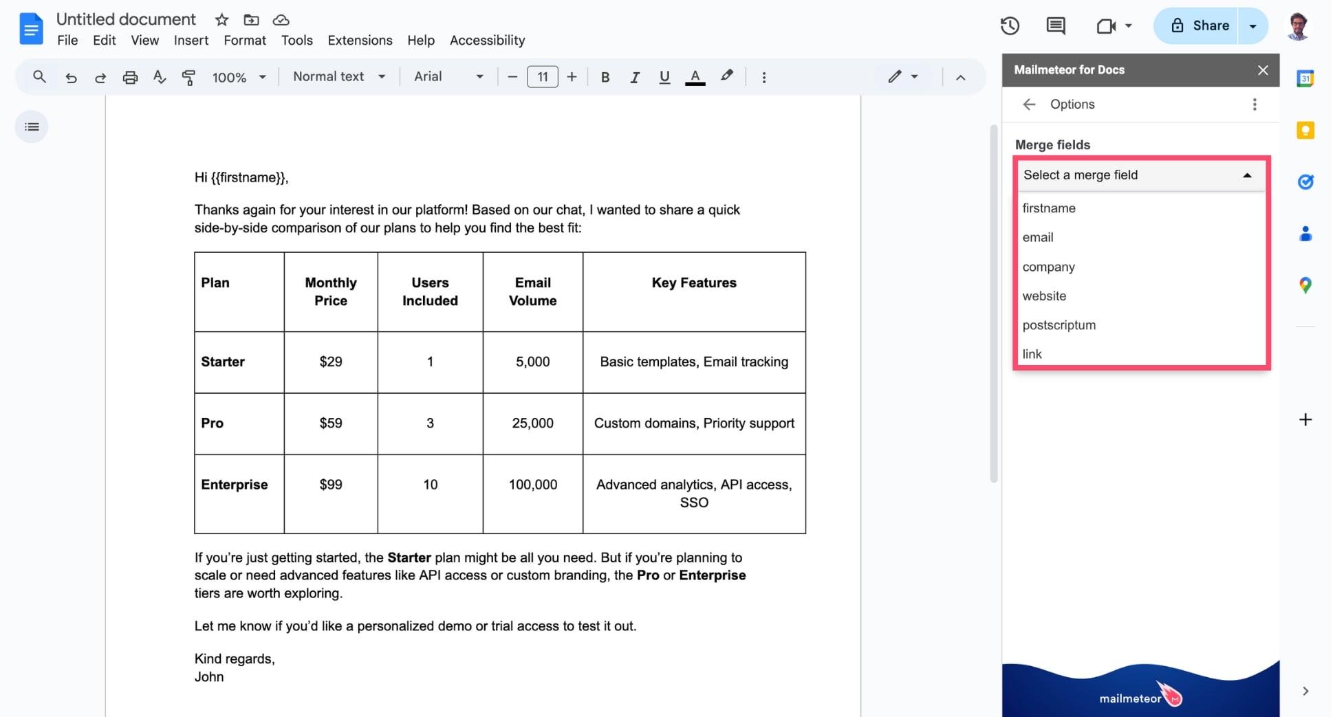 Personalize your table in Google Docs