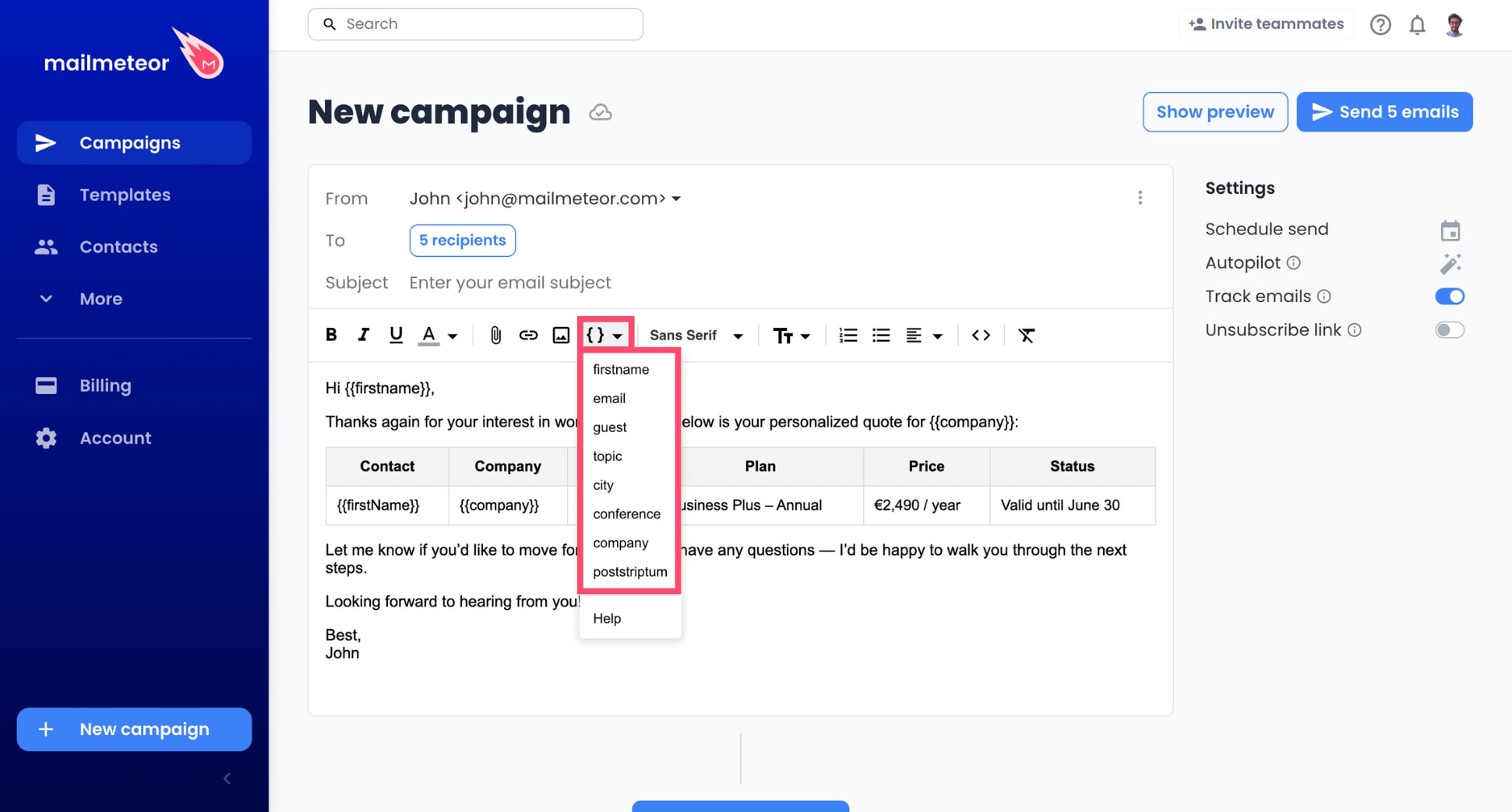 Personalize your table in Mailmeteor