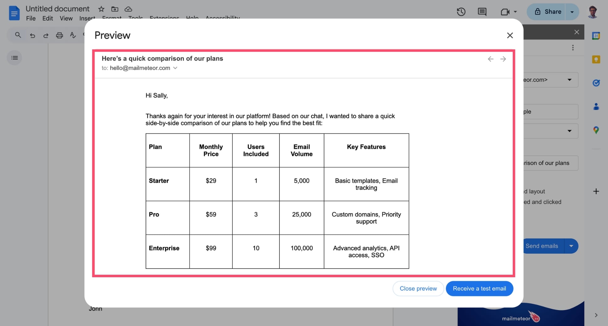 Preview your table in Google Docs