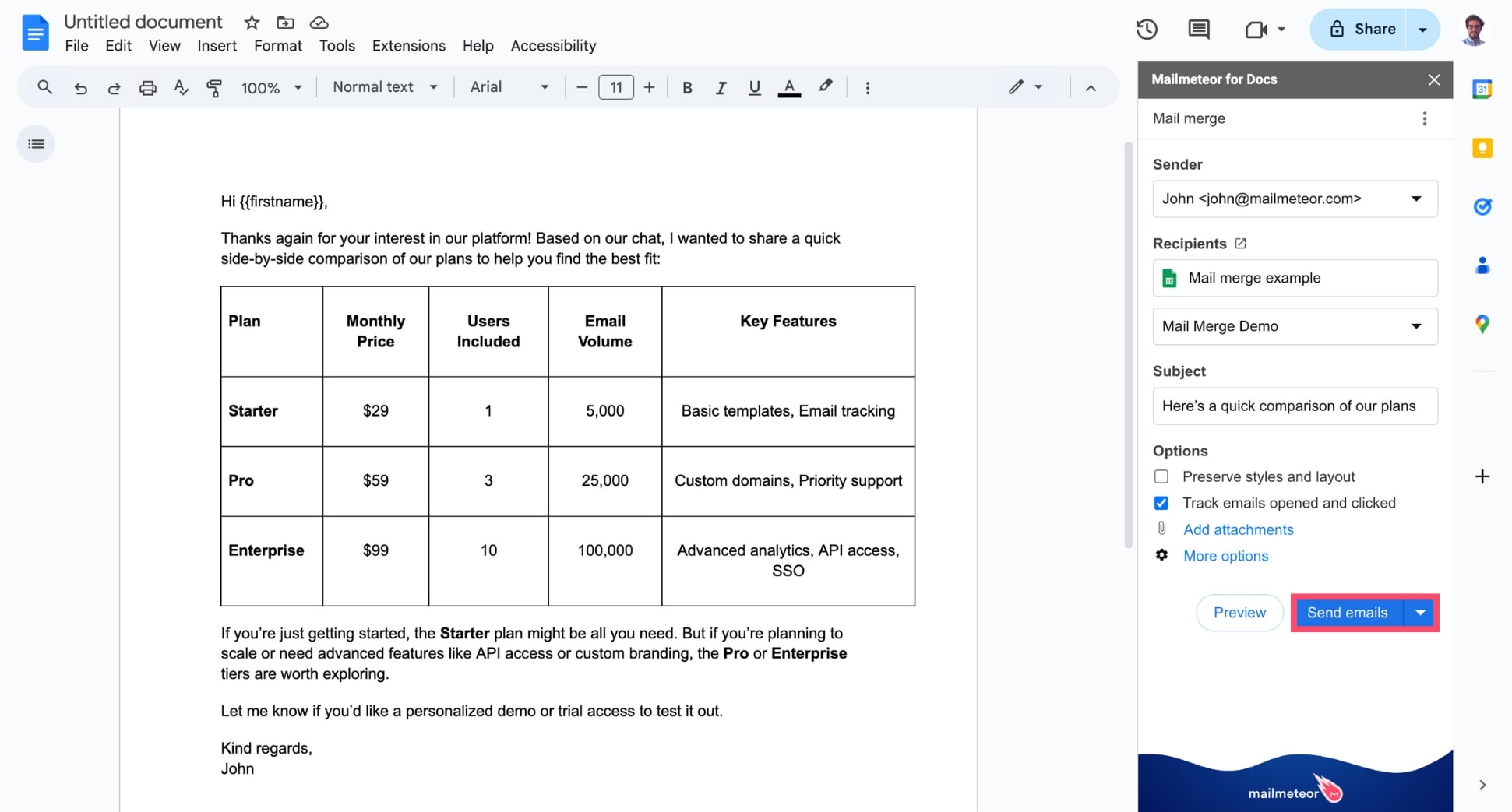 Send a table from Google Docs