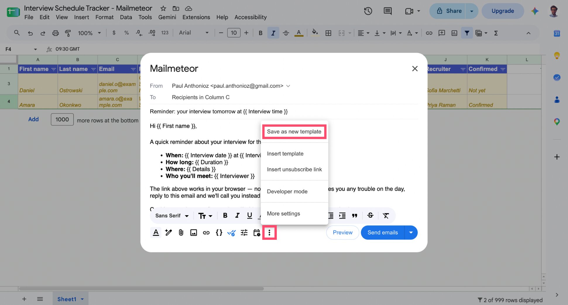 Mailmeteor Save as new template dialog