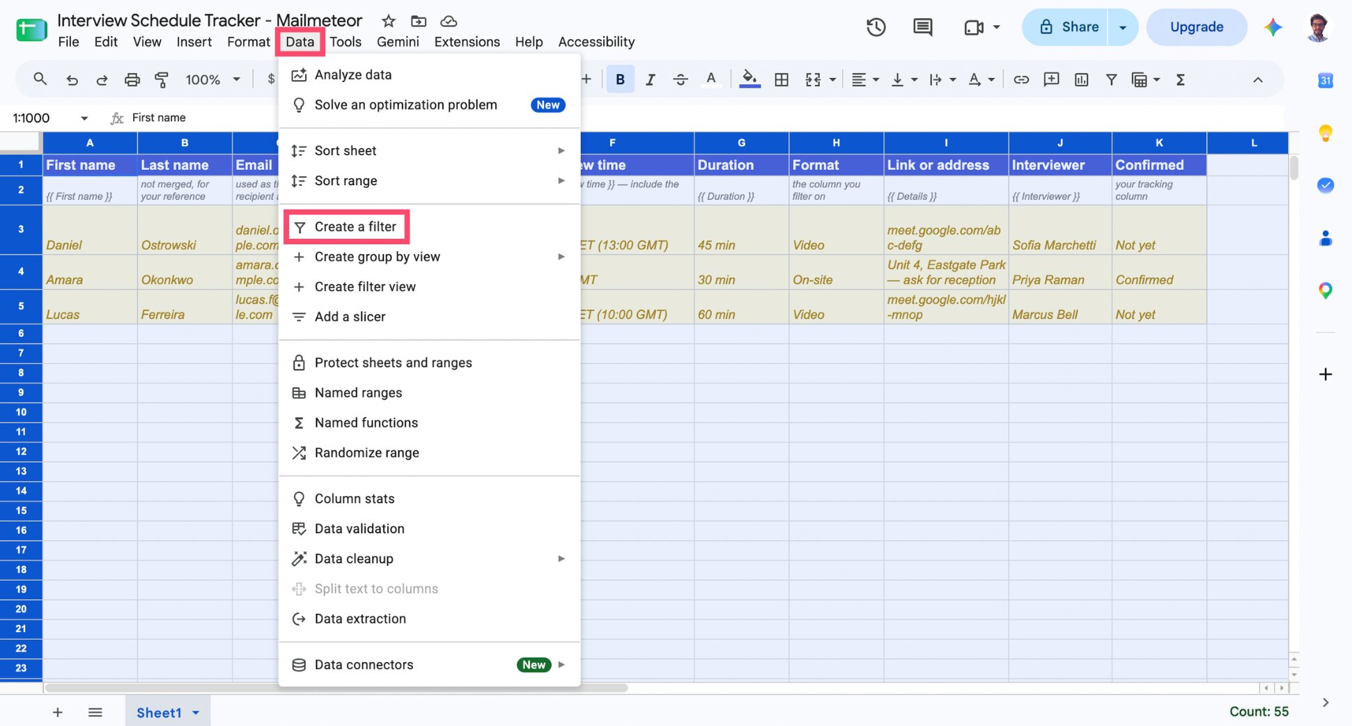 Google Sheets filter applied to the interview date and format columns