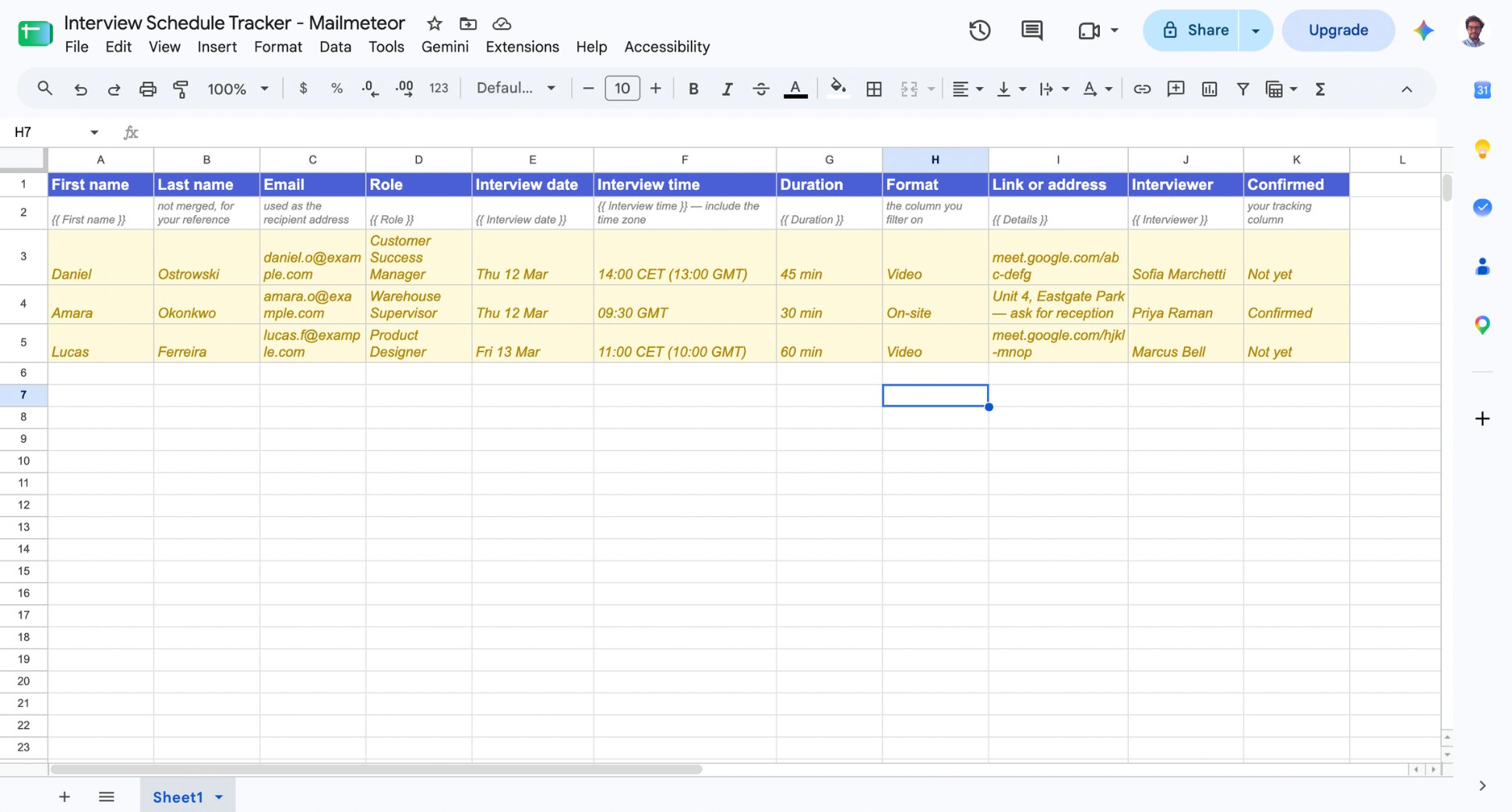 Google Sheet with columns for first name, email, role, interview date, time, duration, format, link and interviewer