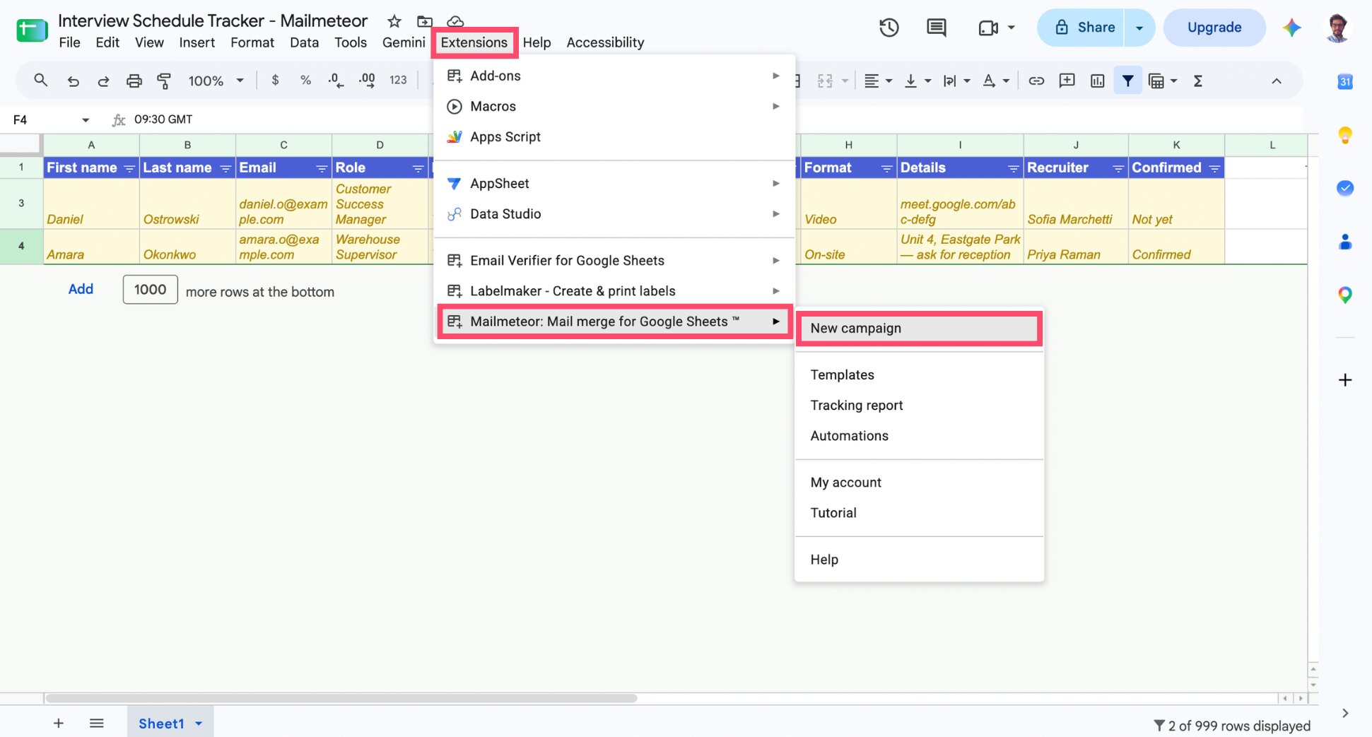 Mailmeteor menu in Google Sheets Extensions, with New campaign selected