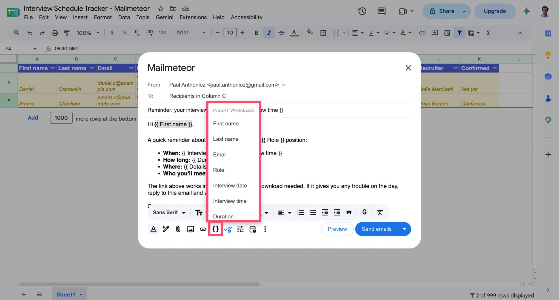 Mailmeteor Compose window with an interview reminder draft and merge tags inserted from Insert variable