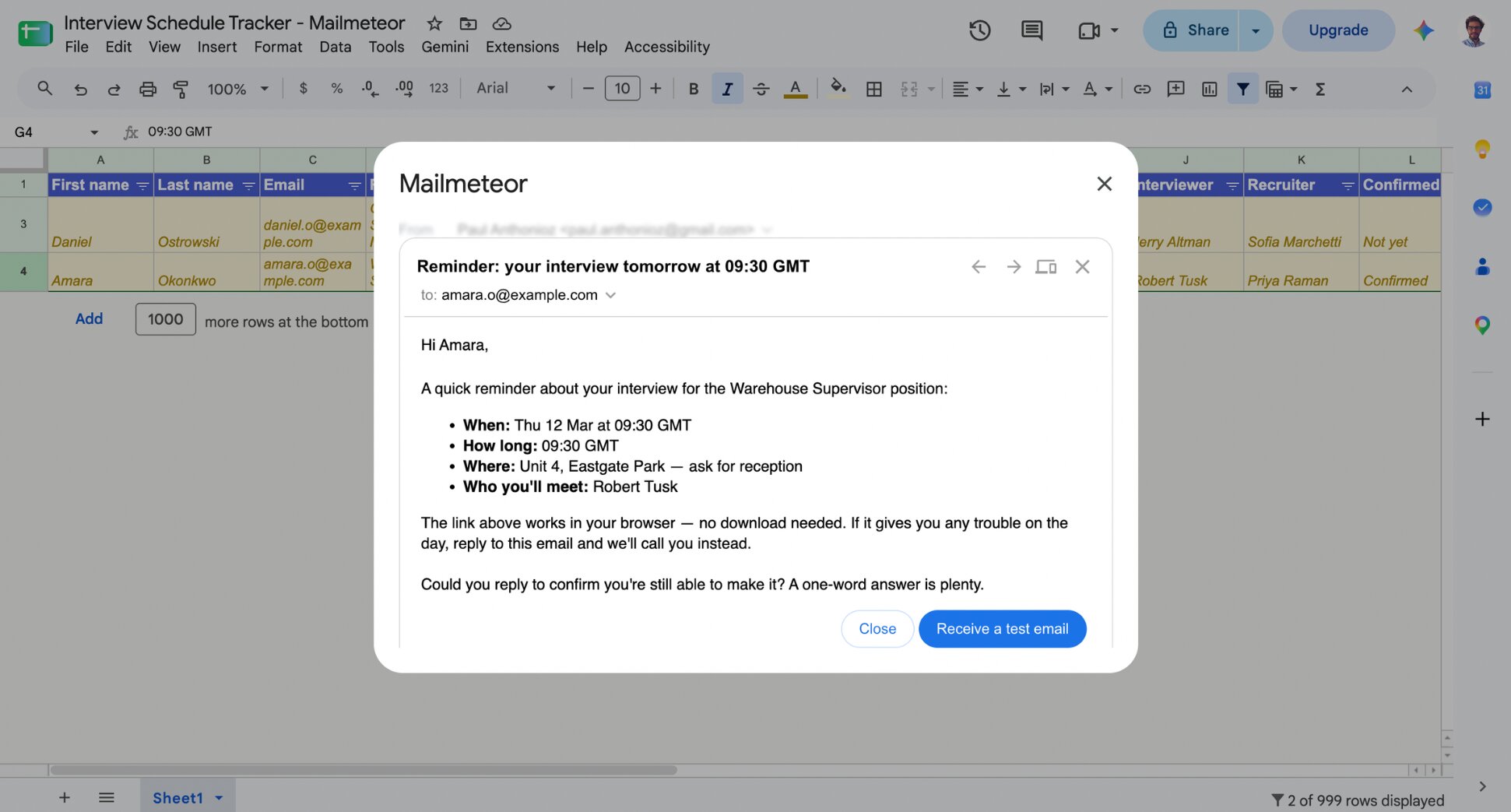 Mailmeteor preview screen showing a personalized interview reminder for one candidate row