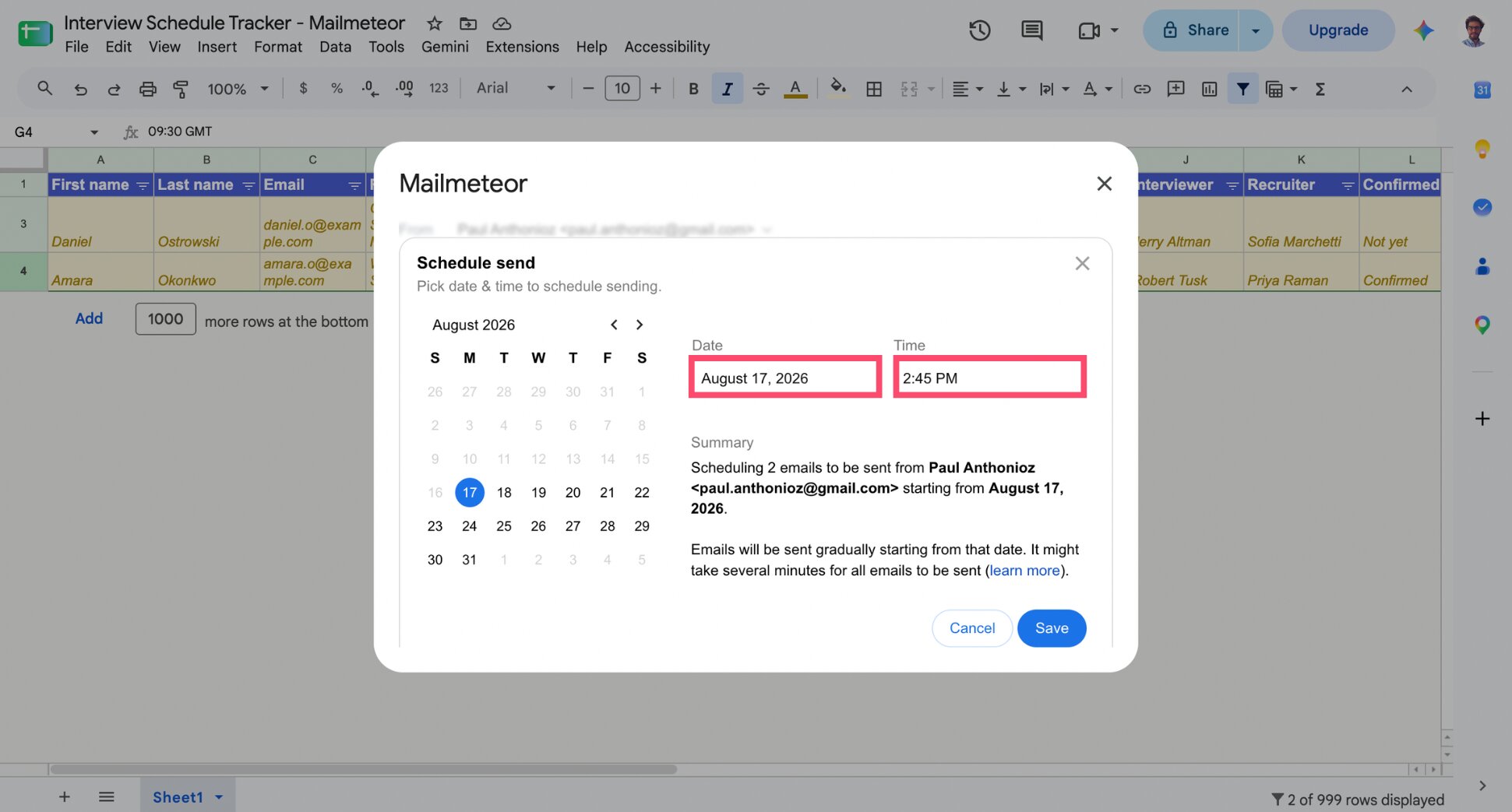 Mailmeteor schedule send panel with today's date and an afternoon time set