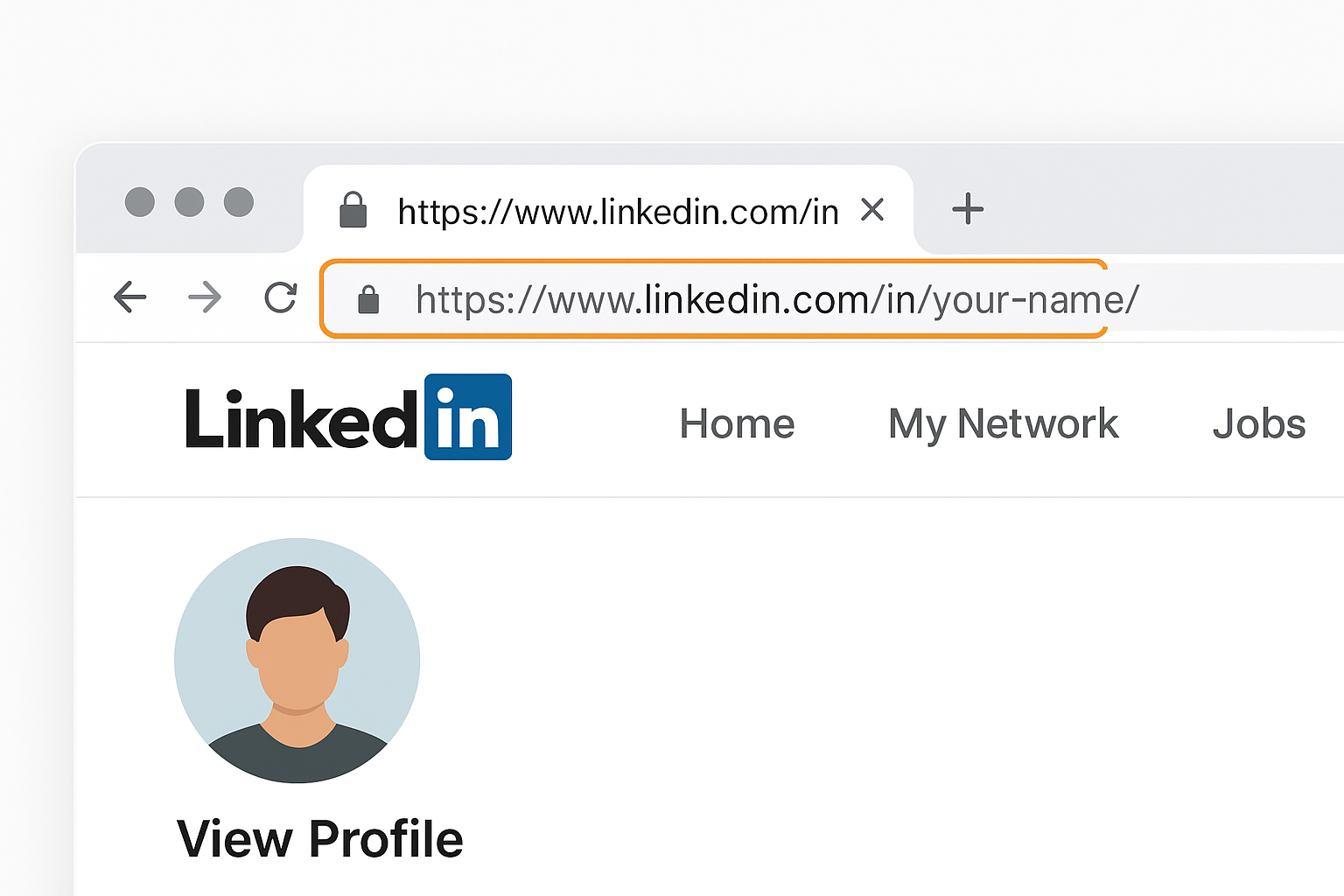 Highlighted LinkedIn profile URL in browser address bar.