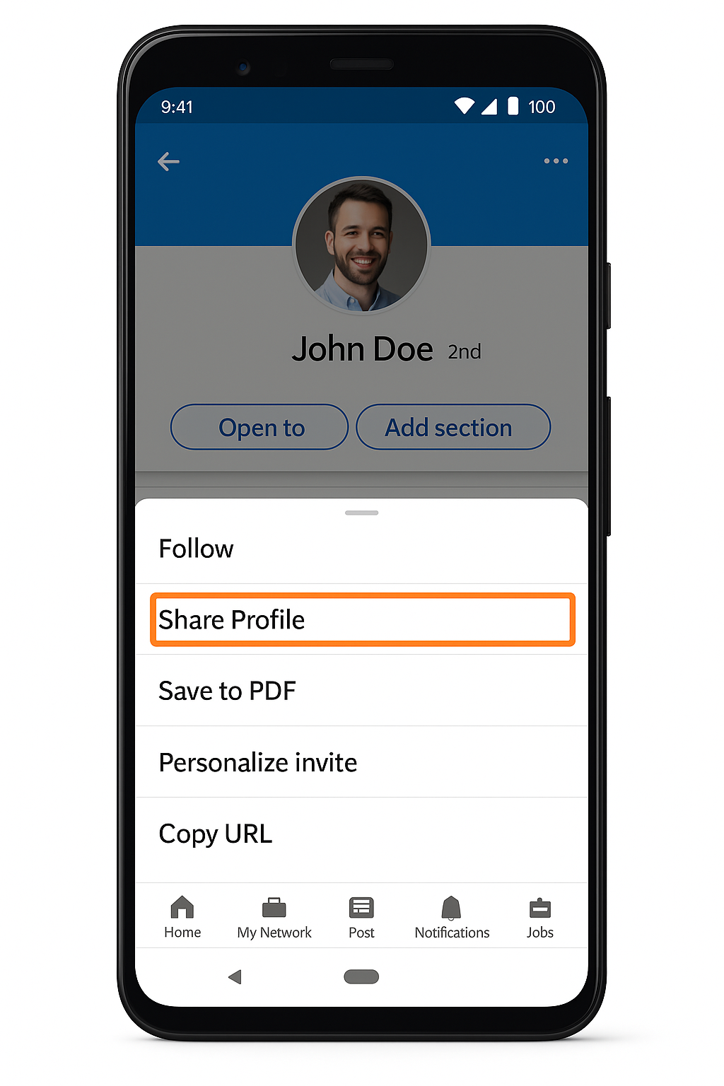 LinkedIn mobile interface showing “Share Profile” button.
