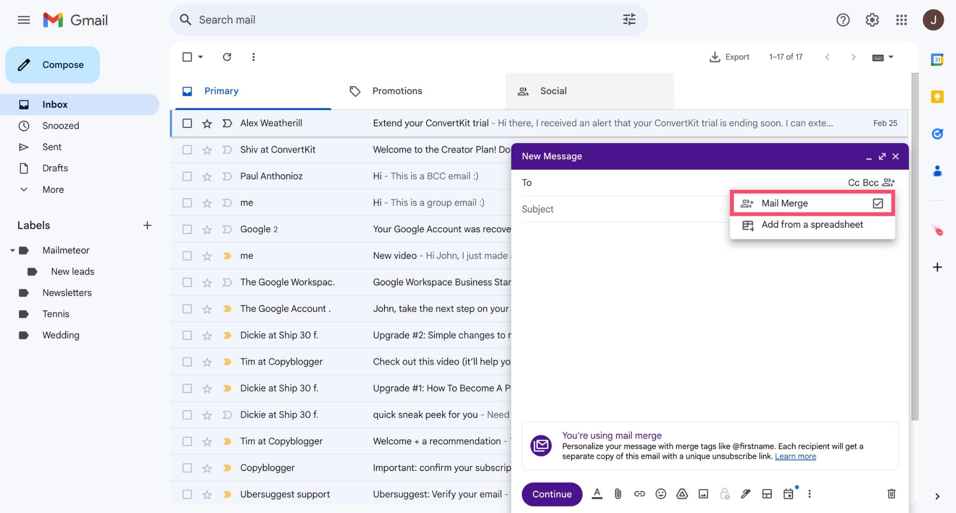 Activate the mail merge mode in Gmail