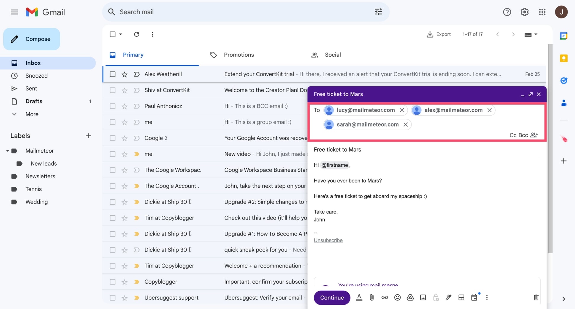 Add recipients to your Gmail mail merge