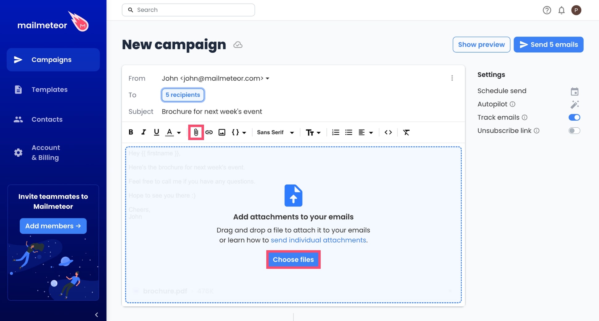 Attach files to your email campaign in Mailmeteor