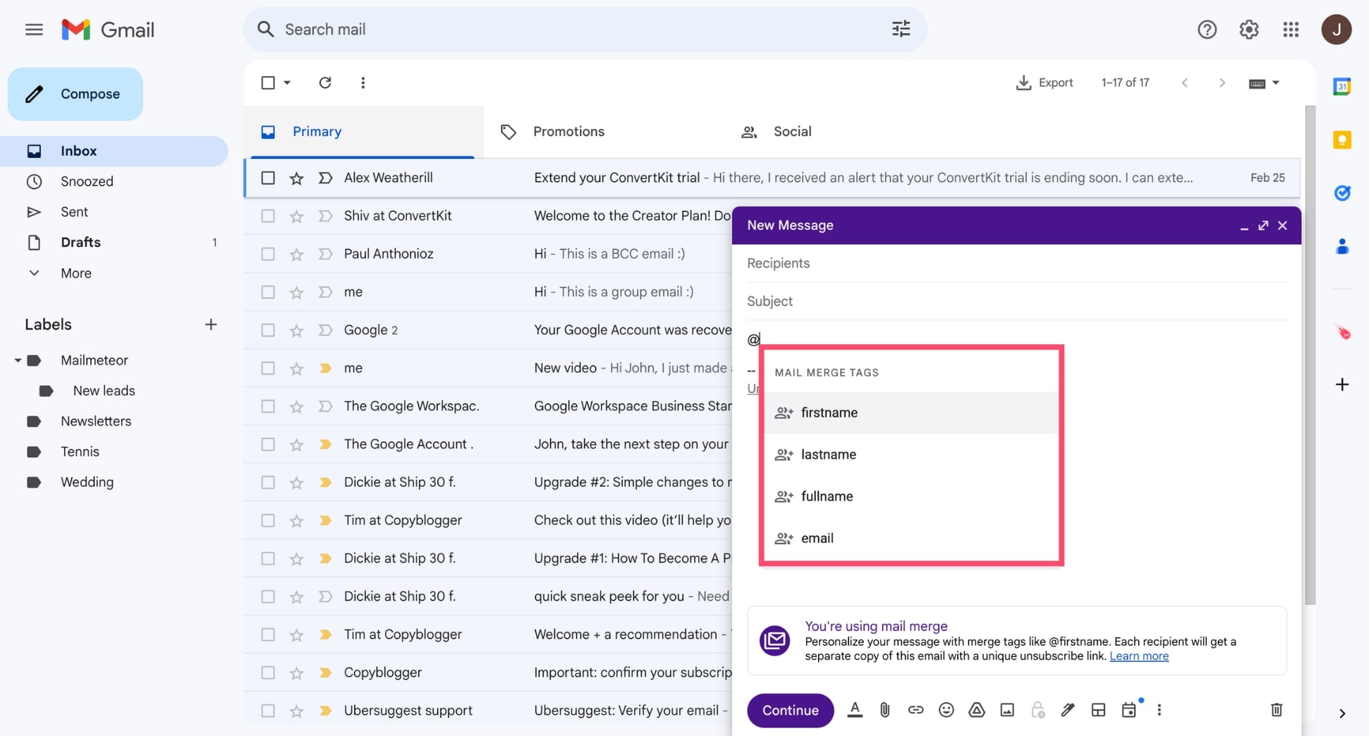 Insert mail merge tags in Gmail