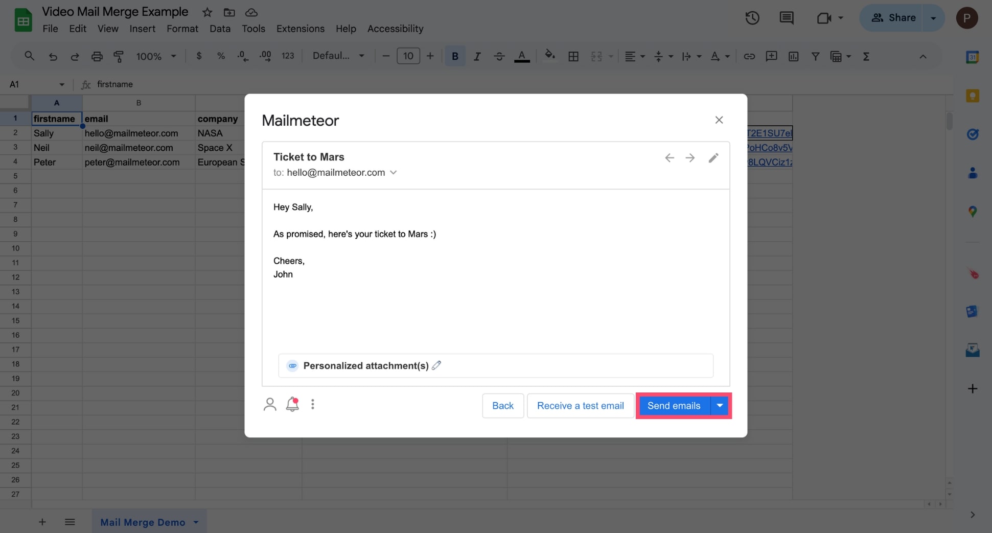 Send bulk emails with personalized attachments in Google Sheets