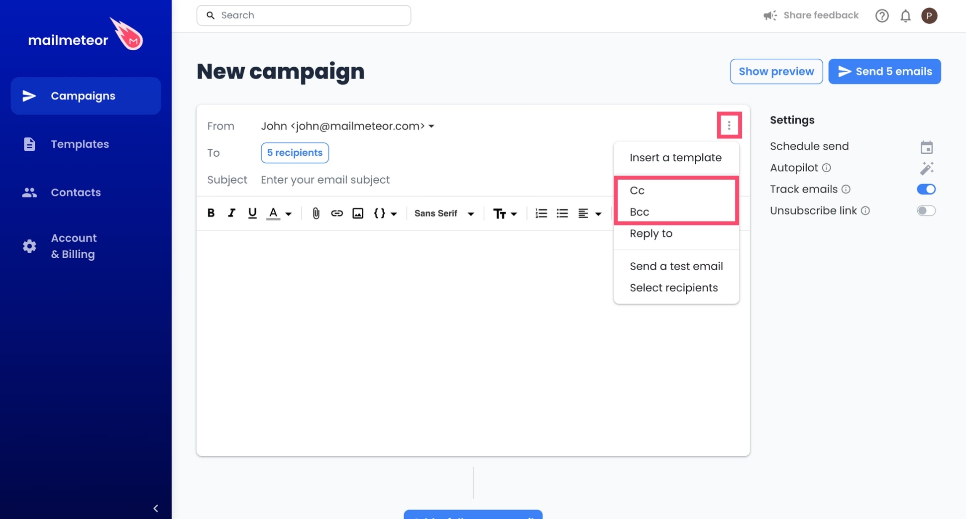 Add CC or BCC recipients to your Mailmeteor campaign