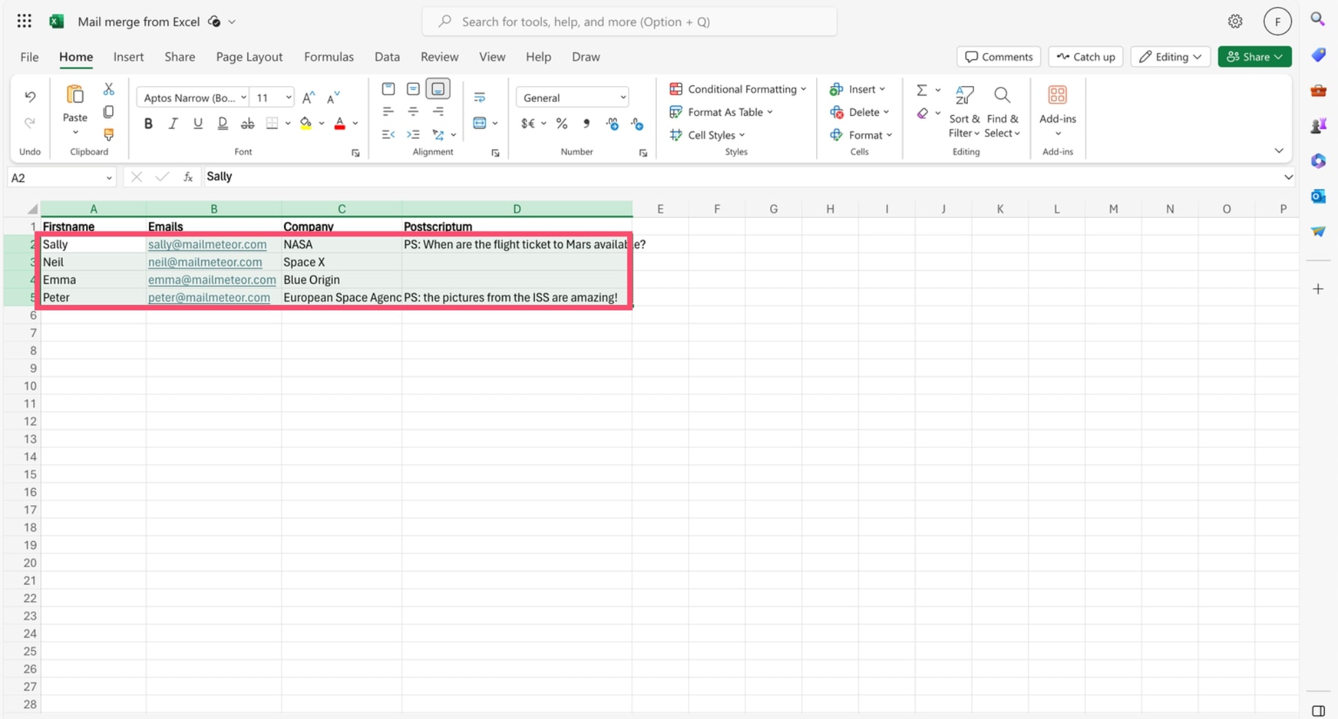 Add some recipients to your Excel mail merge
