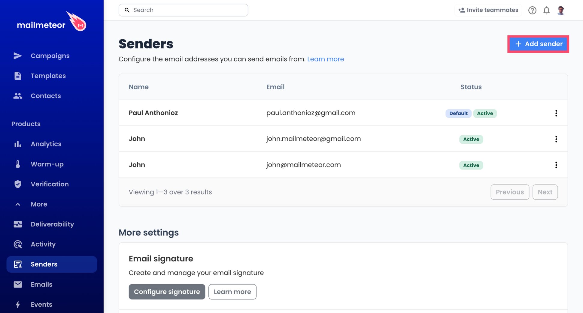 Add sender button used to register a Gandi mailbox