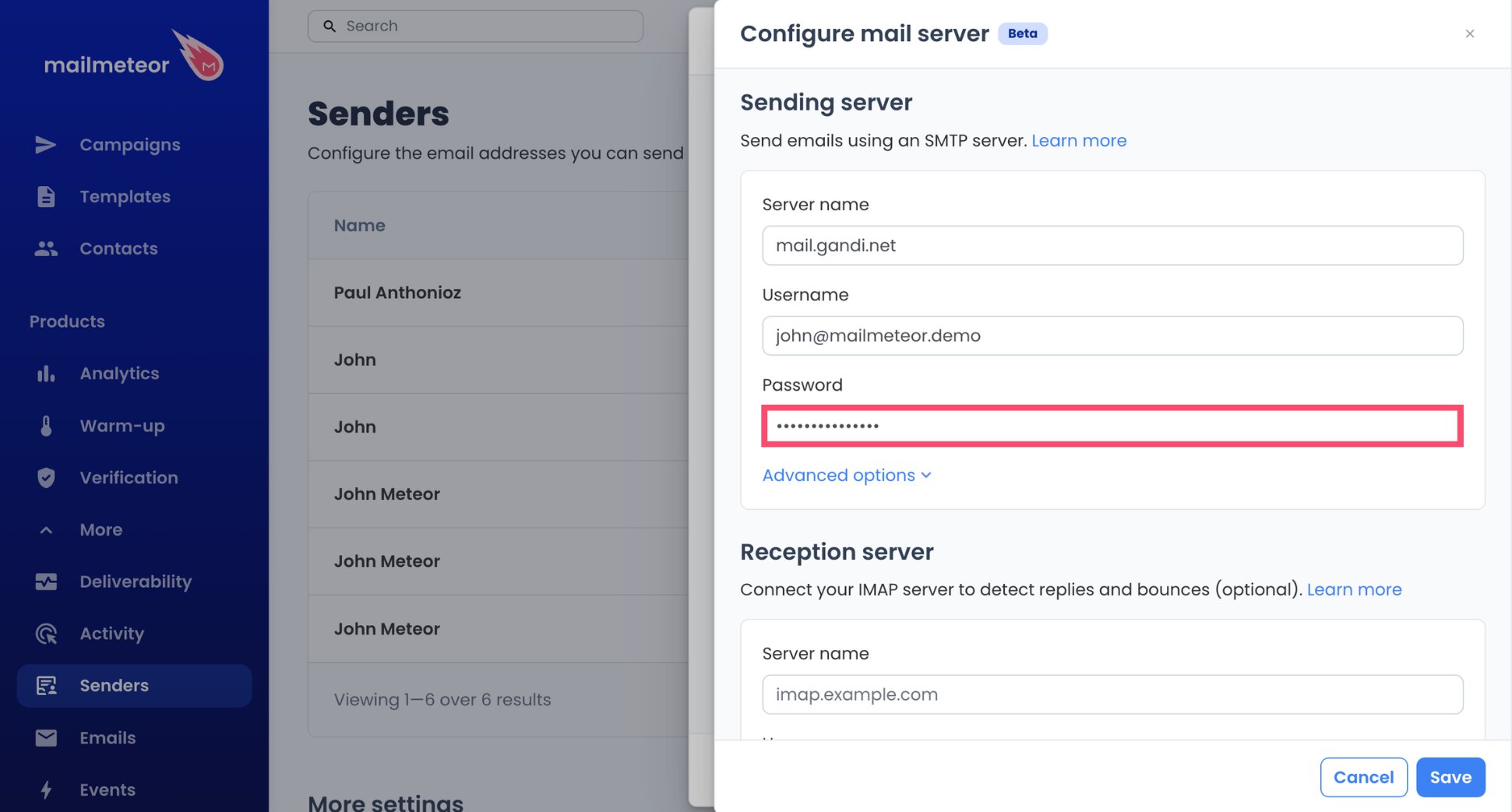 Gandi mailbox password entered for the SMTP connection