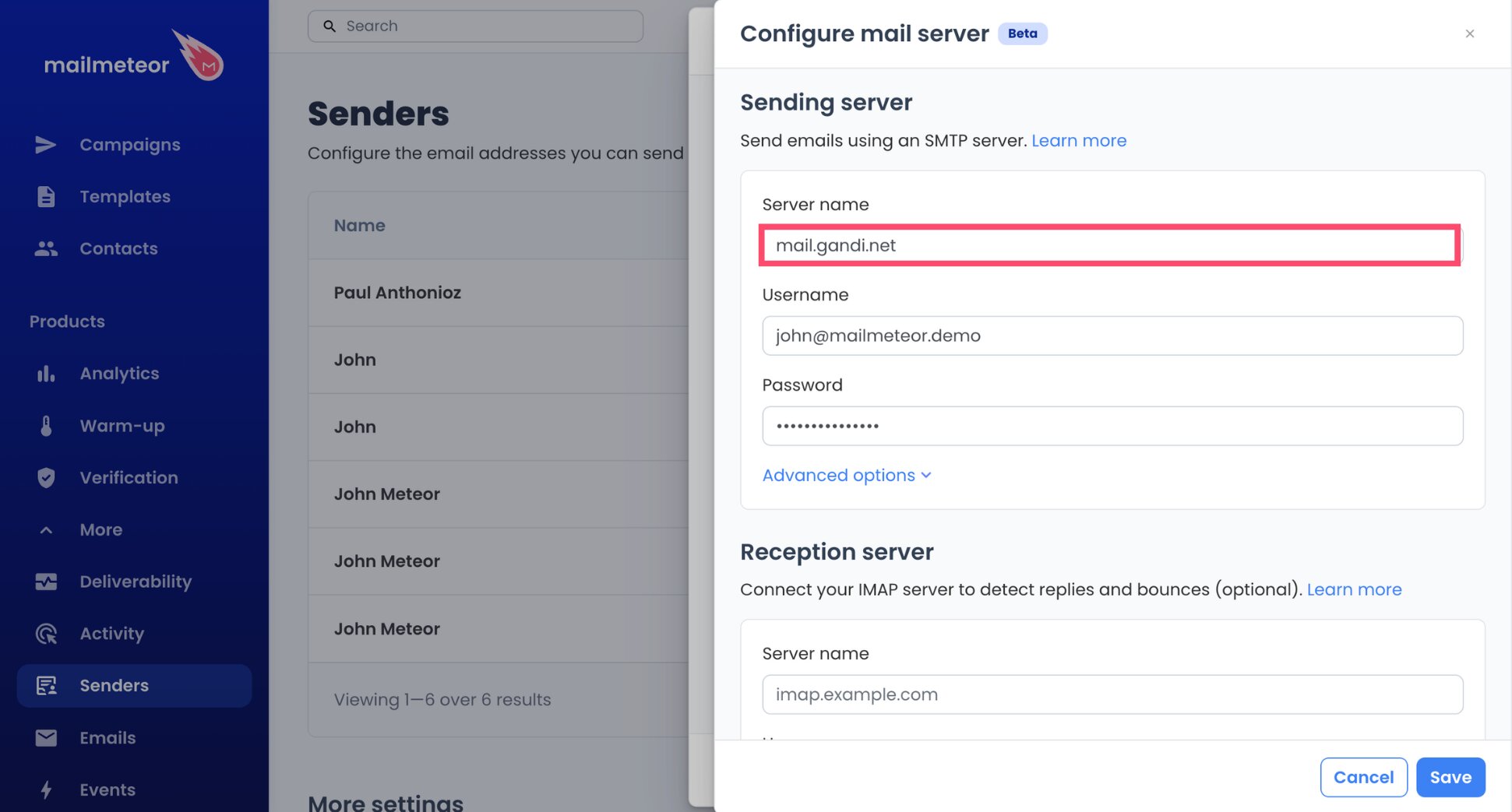 Gandi SMTP server mail.gandi.net typed into Mailmeteor