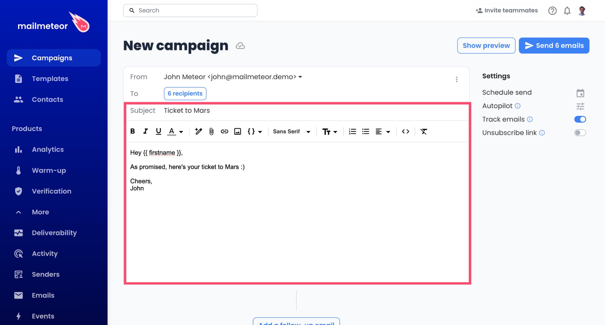 Subject line and body composed for a Gandi mail merge
